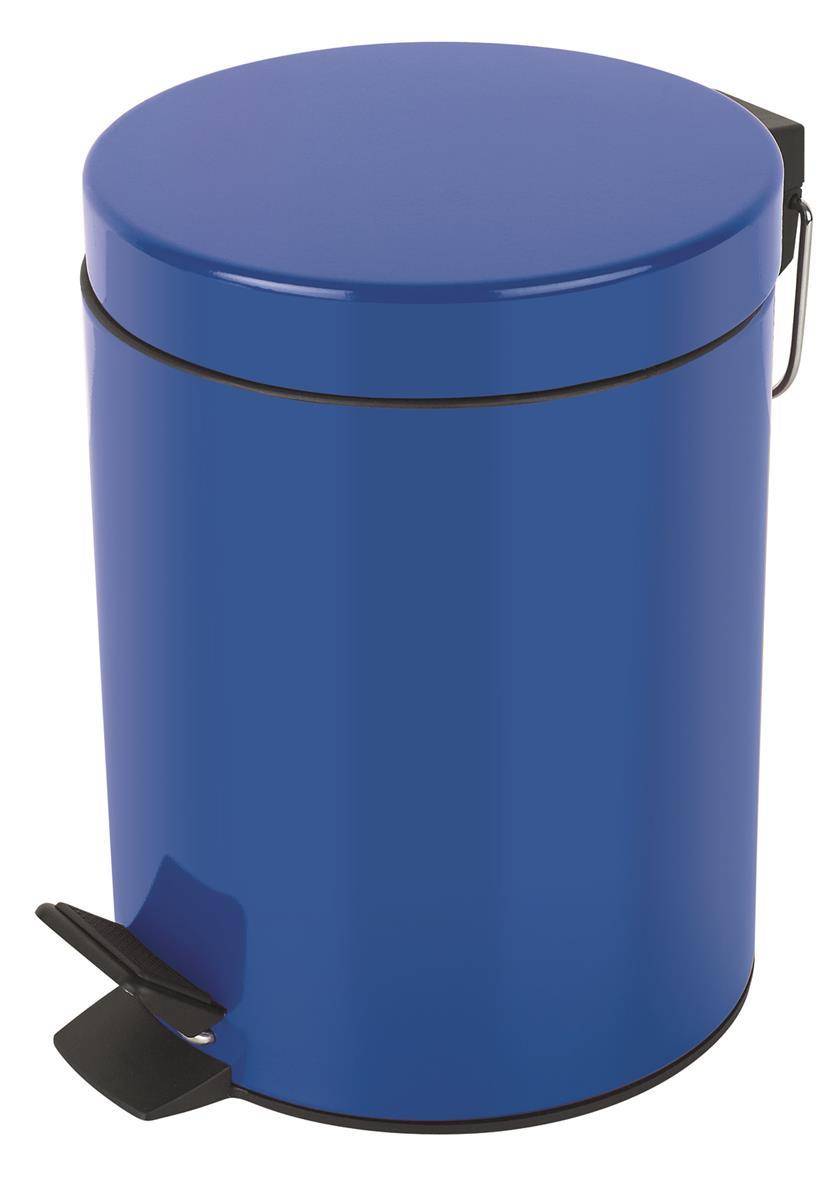 Blauer zylindrischer Metall-Tretabfallbehälter mit Fußpedal und Deckel auf weißem Hintergrund.