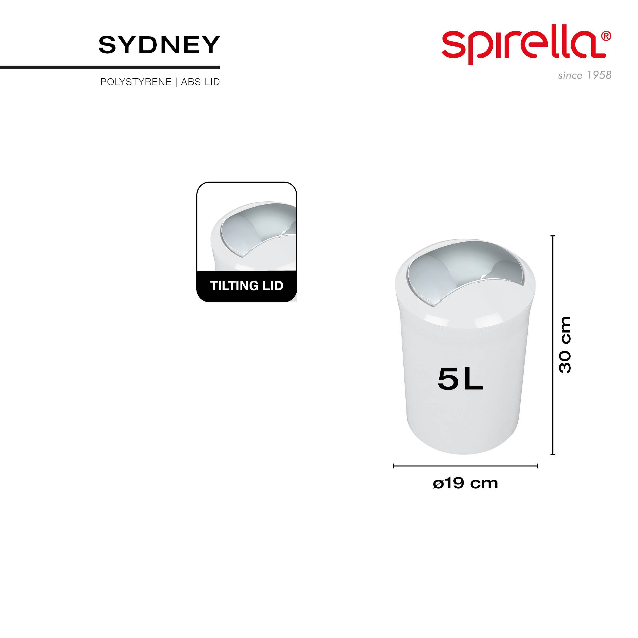 Spirella Sydney 5L weißer Mülleimer mit Kippdeckel, gezeigt mit Abmessungen von 30 cm Höhe und 19 cm Durchmesser.