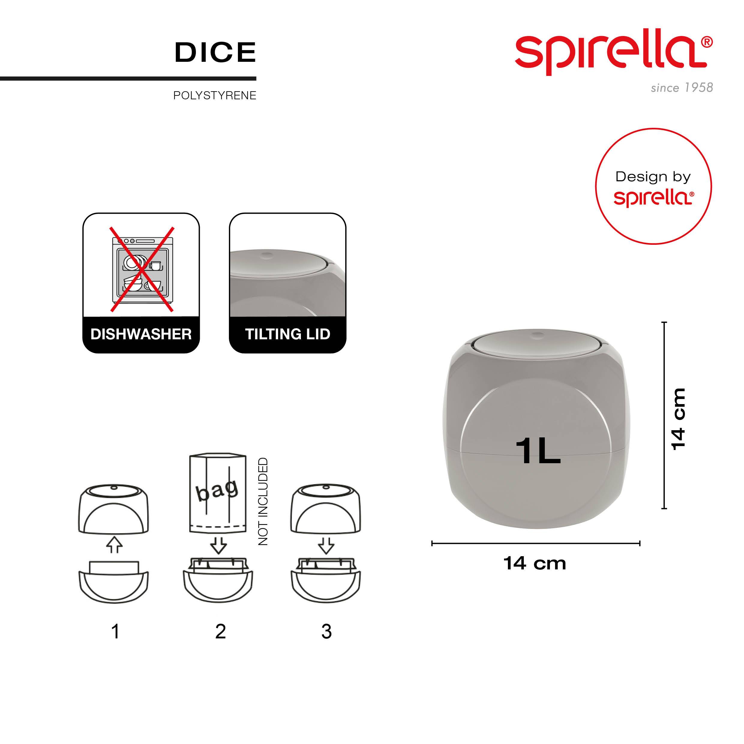 Produktbild eines grauen Spirella Dice Polystyrol-Badezimmerbehälters mit Klapdeckel, mit einer Kapazität von 1L, 14 cm breit und 14 cm hoch; nicht spülmaschinenfest.