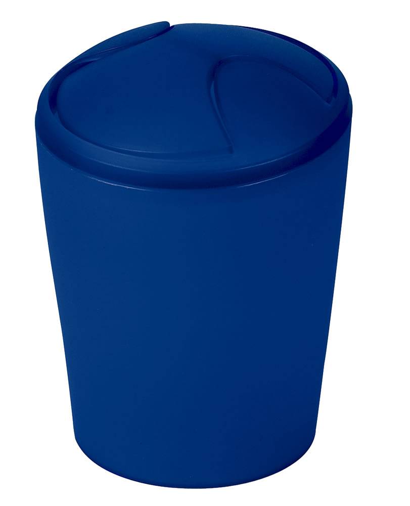 Blauer Kunststoff-Mülleimer mit gewölbtem Schwingdeckel auf weißem Hintergrund.
