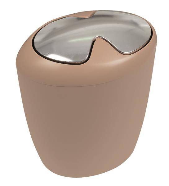 Beige zylindrischer Mülleimer mit glänzendem Metallschwingdeckel, auf weißem Hintergrund abgebildet.