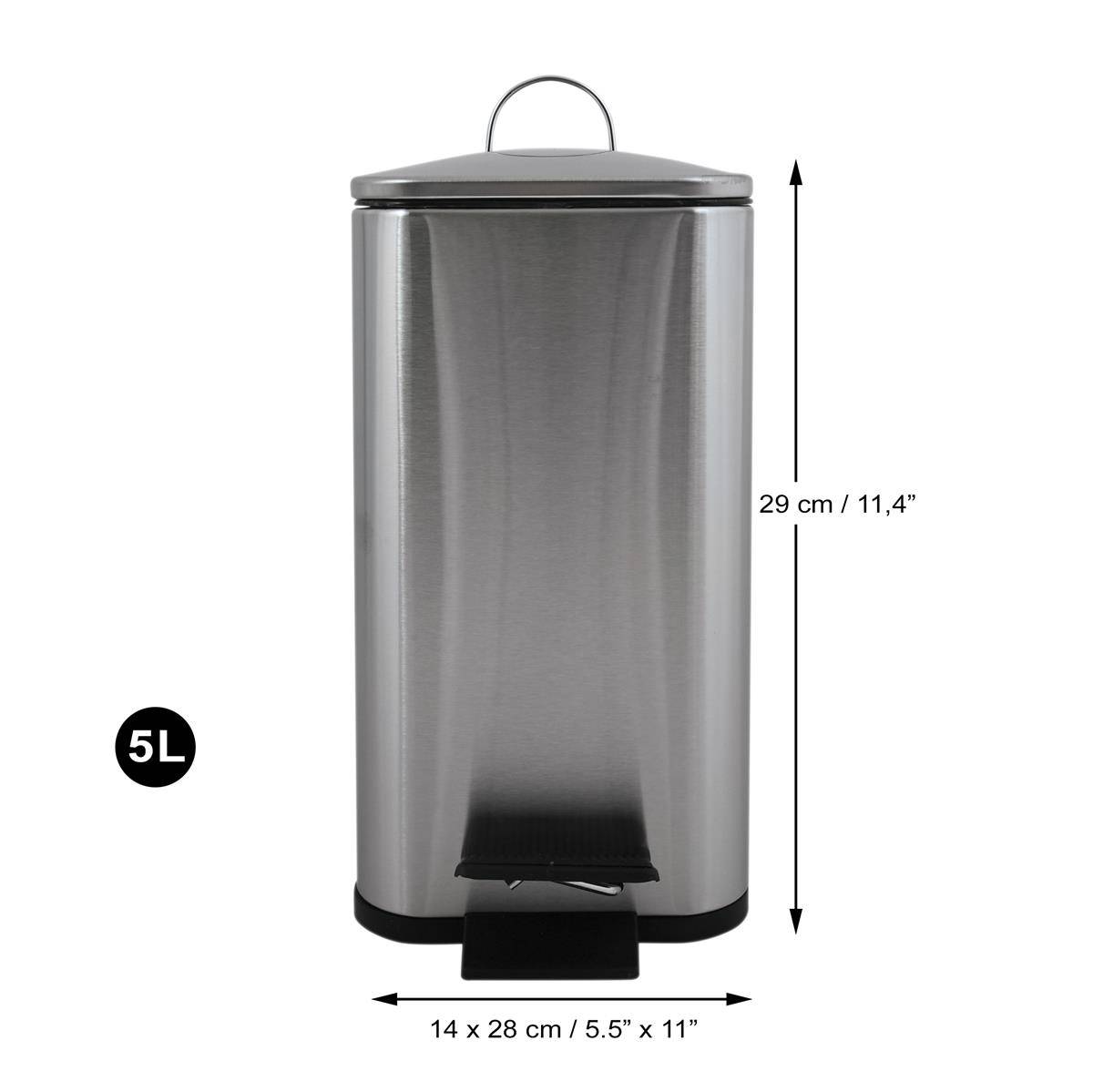 Edelstahl-Rechteck-Tretmülleimer, 5 L, 29 cm Höhe und 14 x 28 cm Breite.