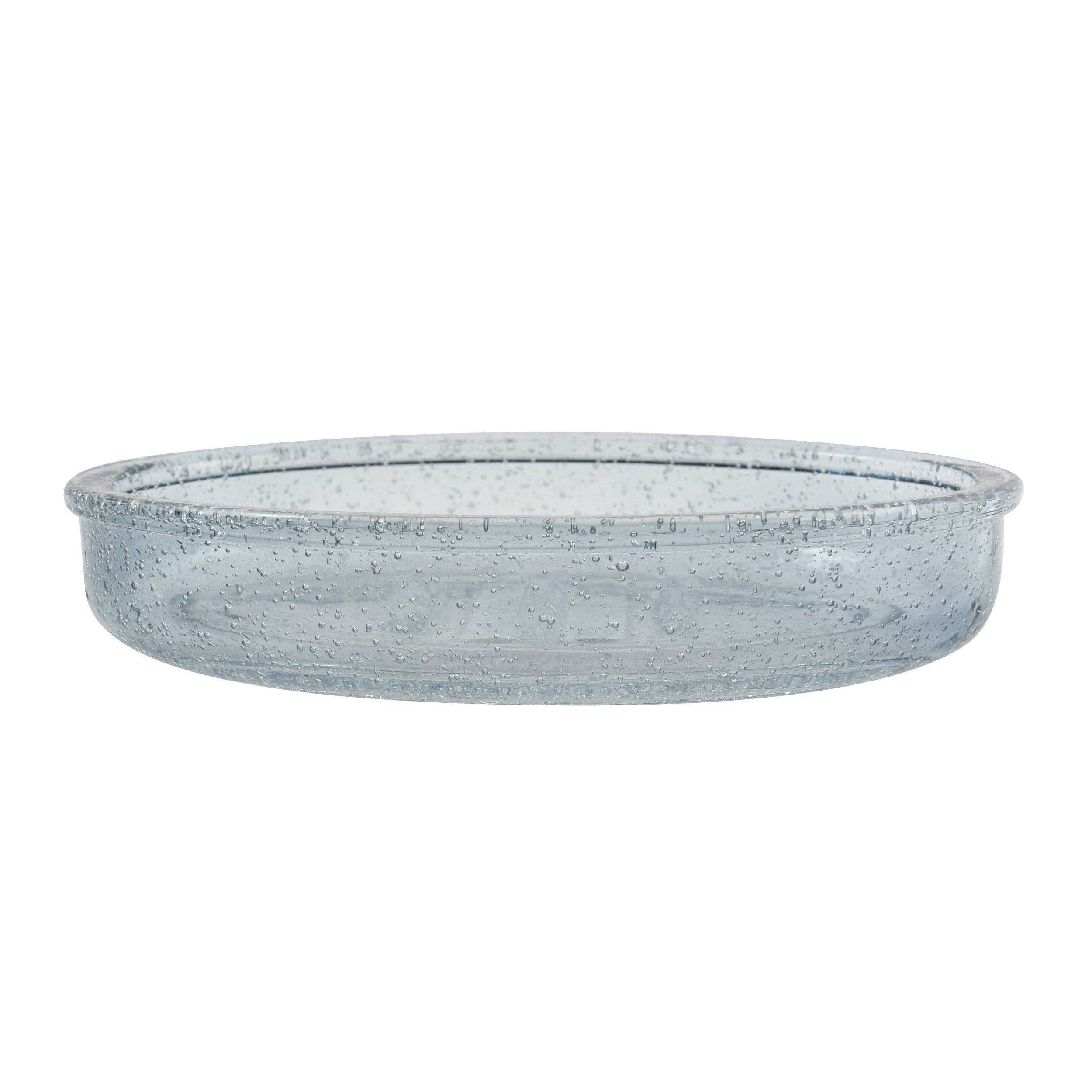Flache, klare Glasservierenschüssel oder -schale mit breitem Rand, auf einfachem weißem Hintergrund dargestellt.