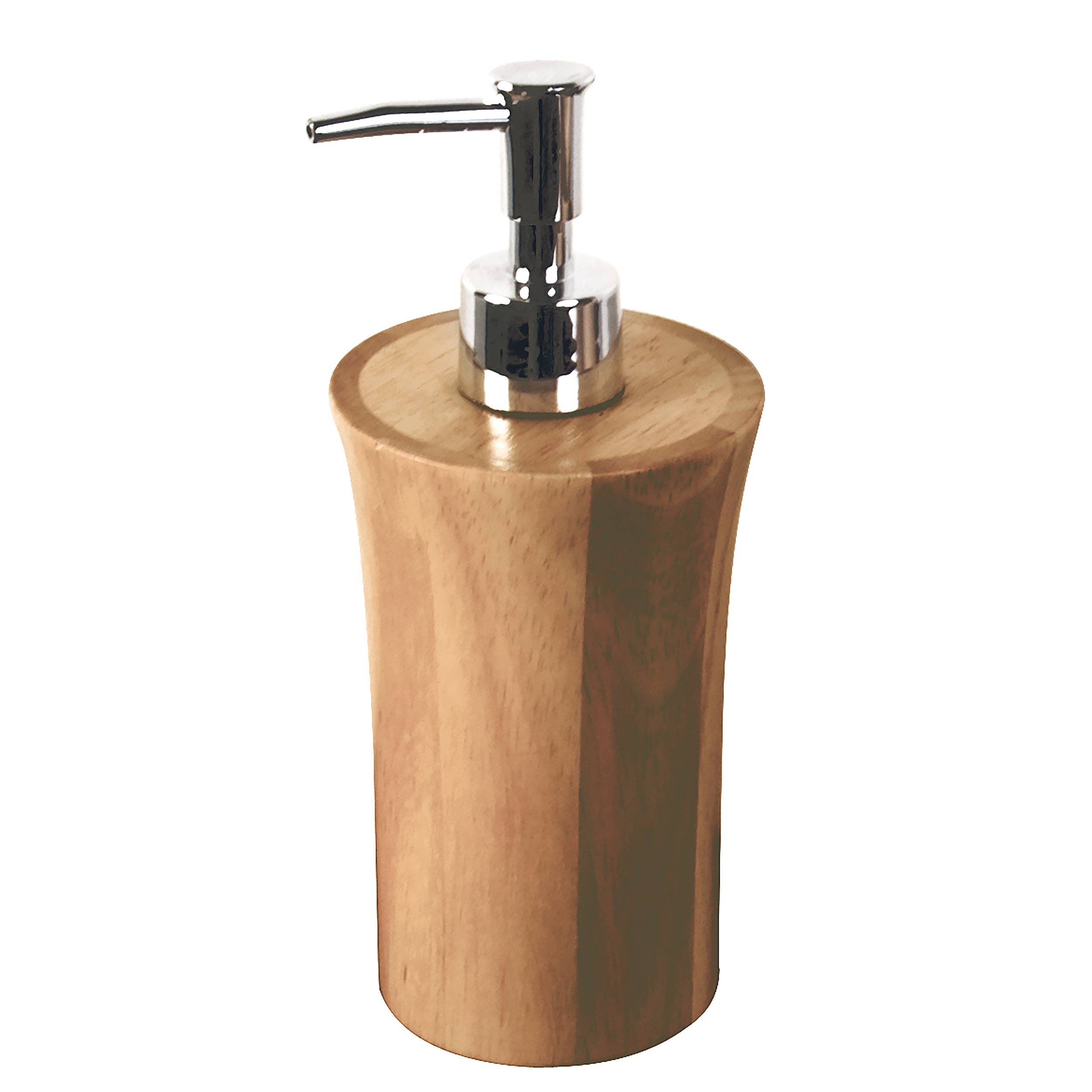 Holzseife- oder Lotionsspender mit verchromter Pumpe, isoliert auf weißem Hintergrund.