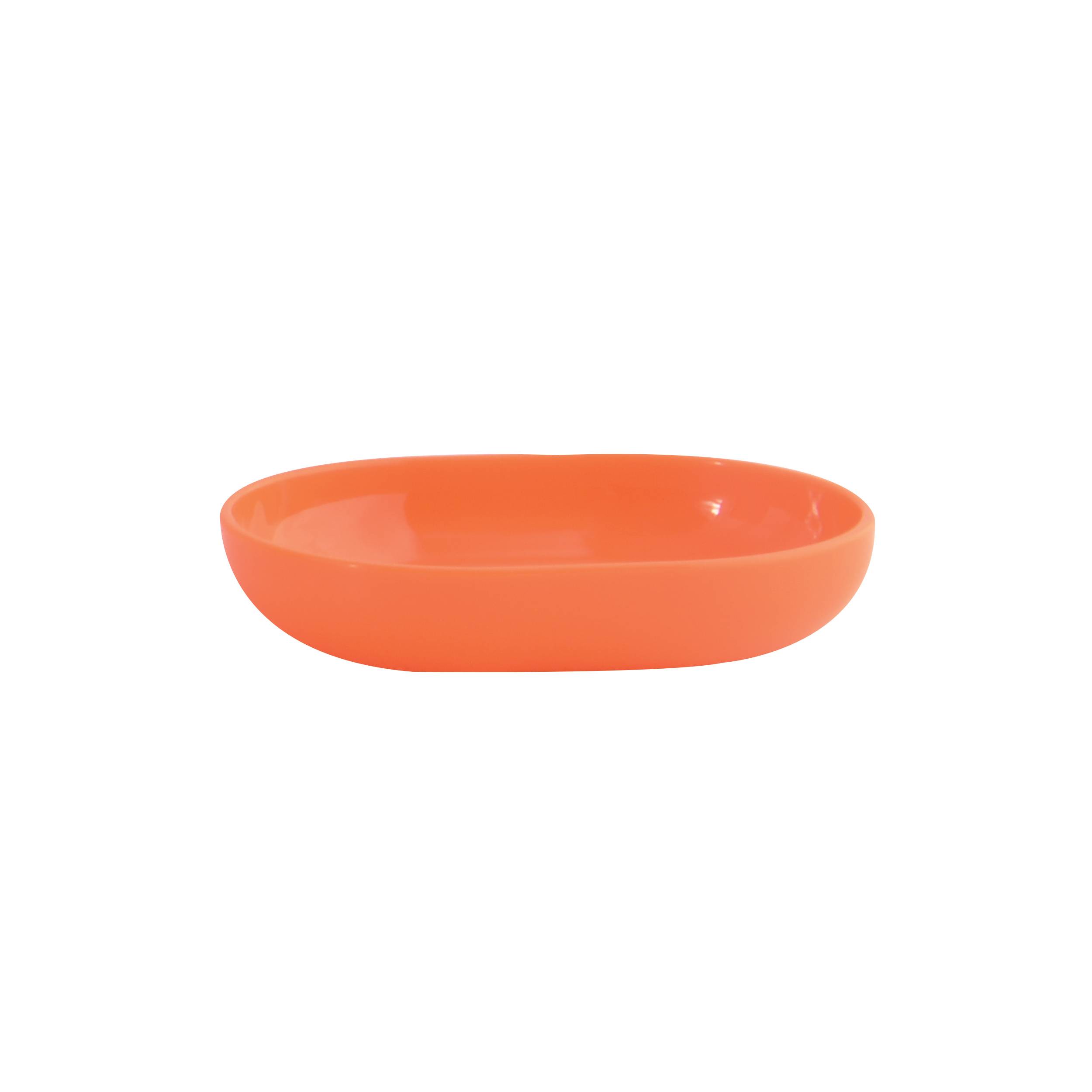 Eine orange ovale Servierplatte oder flache Schüssel auf weißem Hintergrund.