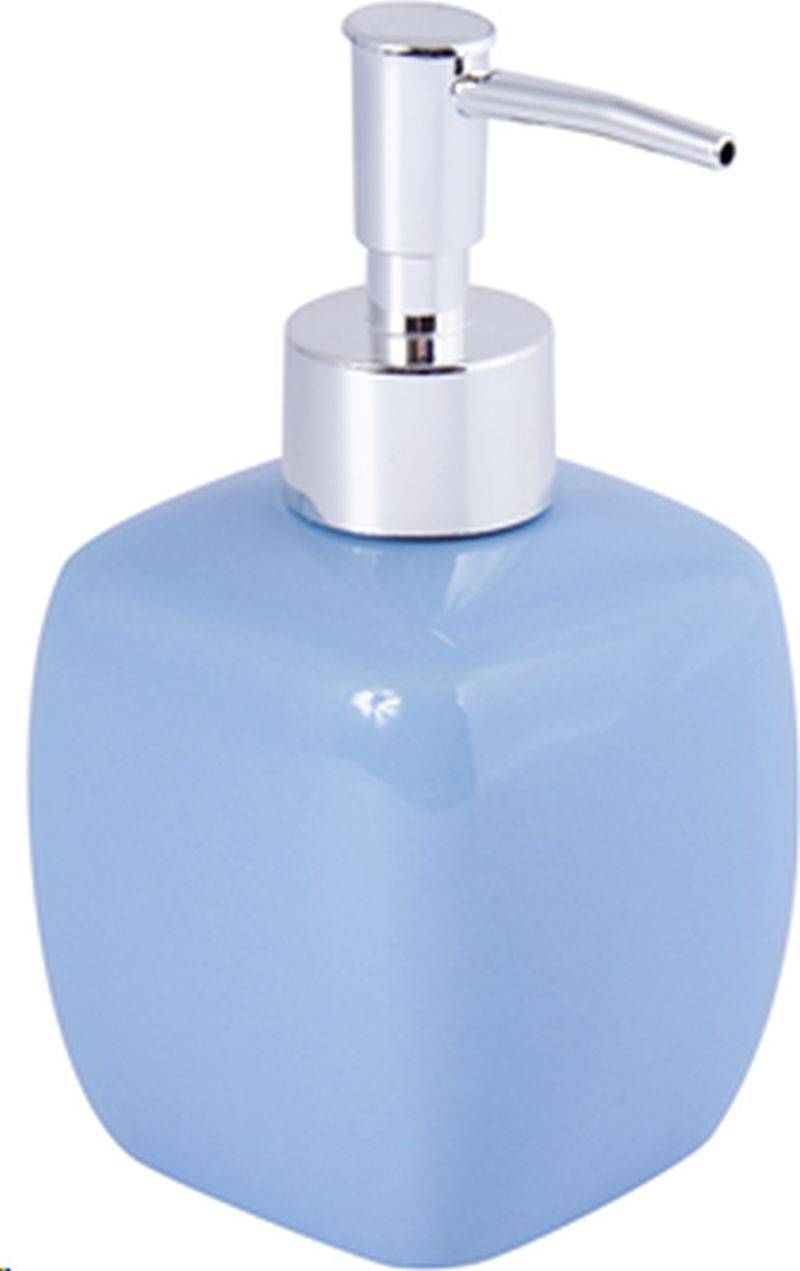 Blauer quadratischer Seifenspender mit silberner Pumpe auf weißem Hintergrund.