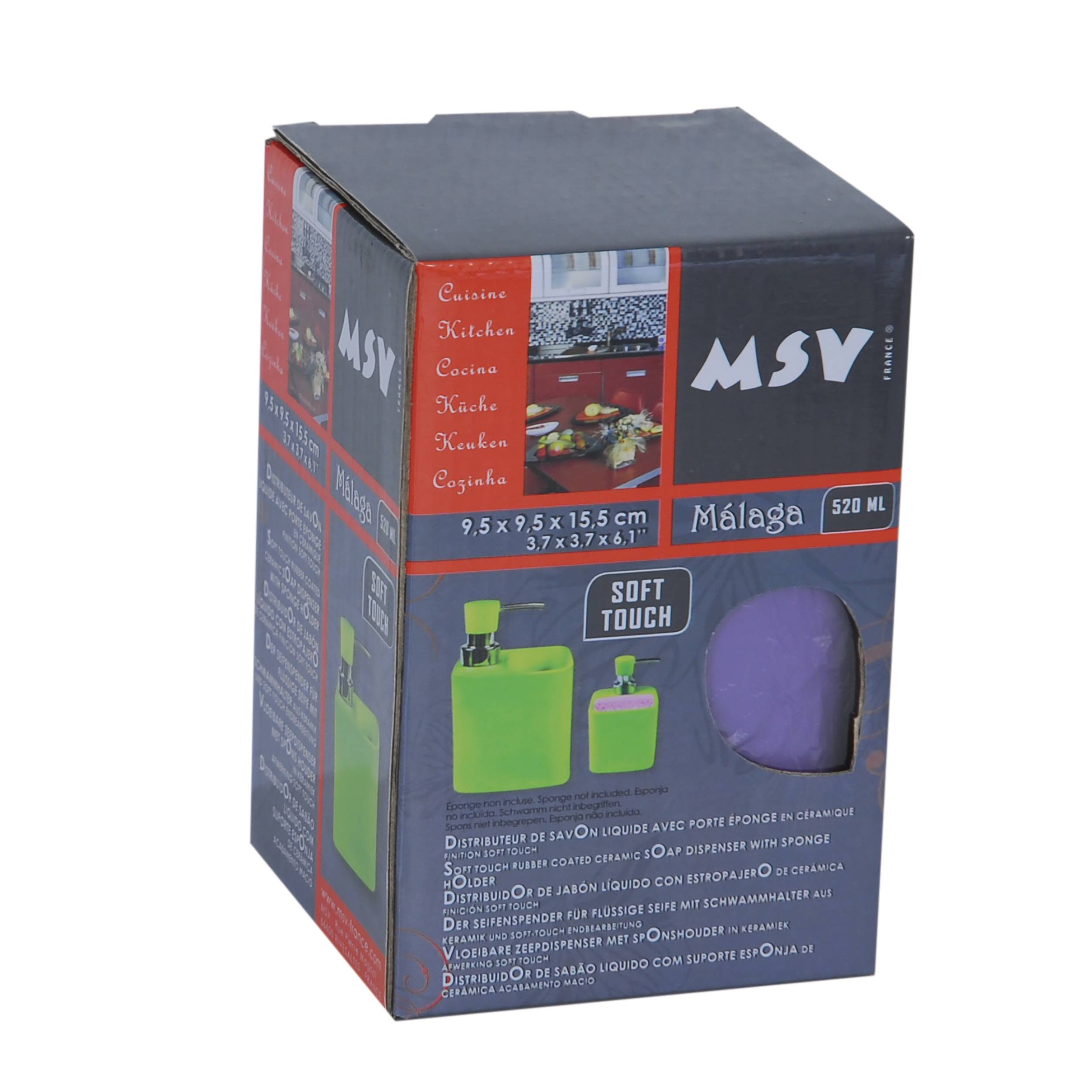 MSV Málaga Sanfte Seifenspender-Geschenkset-Box, 520 ml, mit zwei grünen Spendern und einem violetten Schwamm.