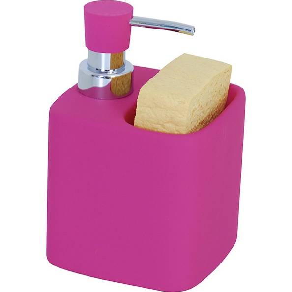 Rosa Badezimmerseifenspender mit chromglänzender Pumpe und einem Stück Seife, das in der oberen Öffnung ruht.