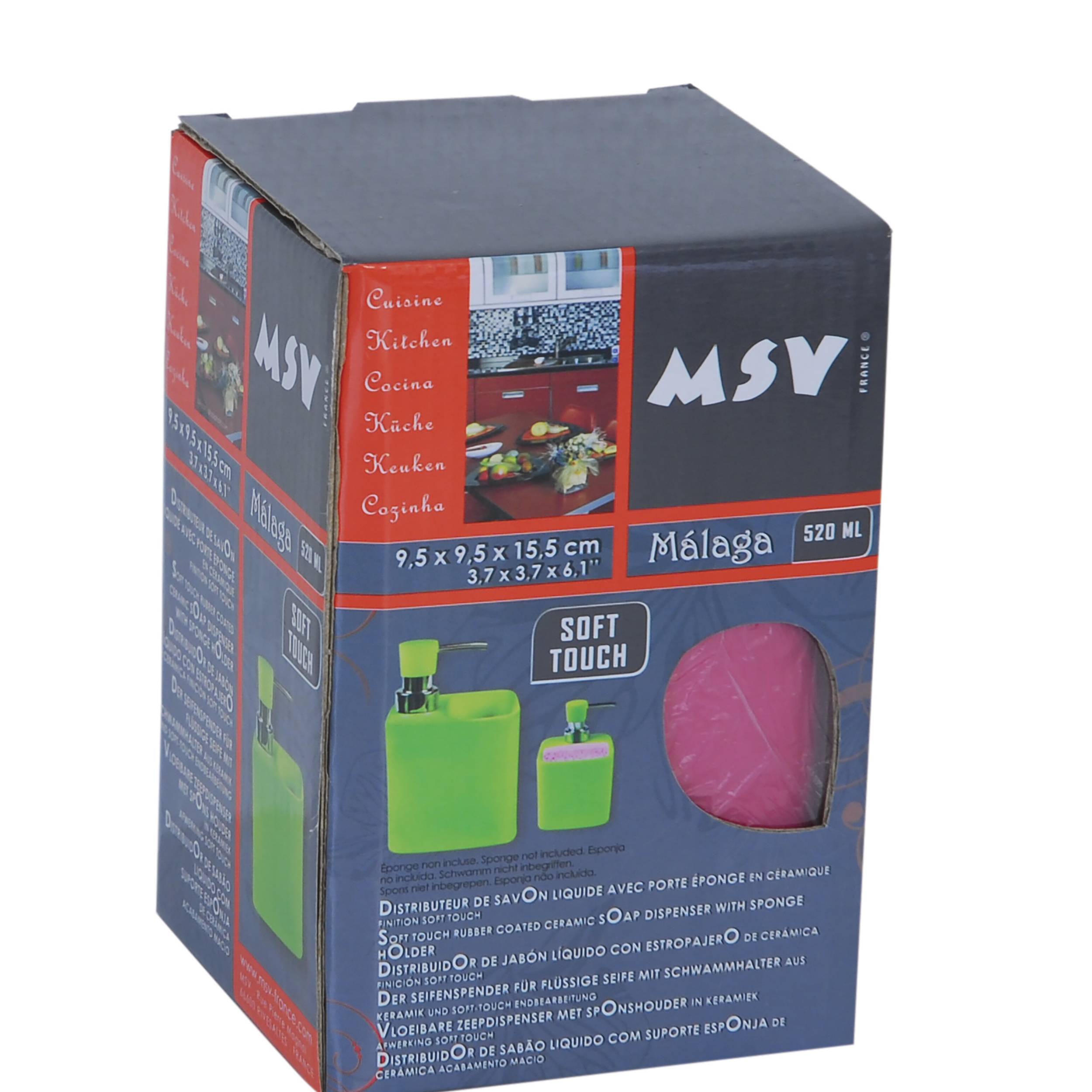MSV Malaga 520 ml Seifenspenderbehälter, gezeigt in schwarzer und roter Verpackung mit einem rosa Keramik-Schwammhalter und grüner Spenderillustration.