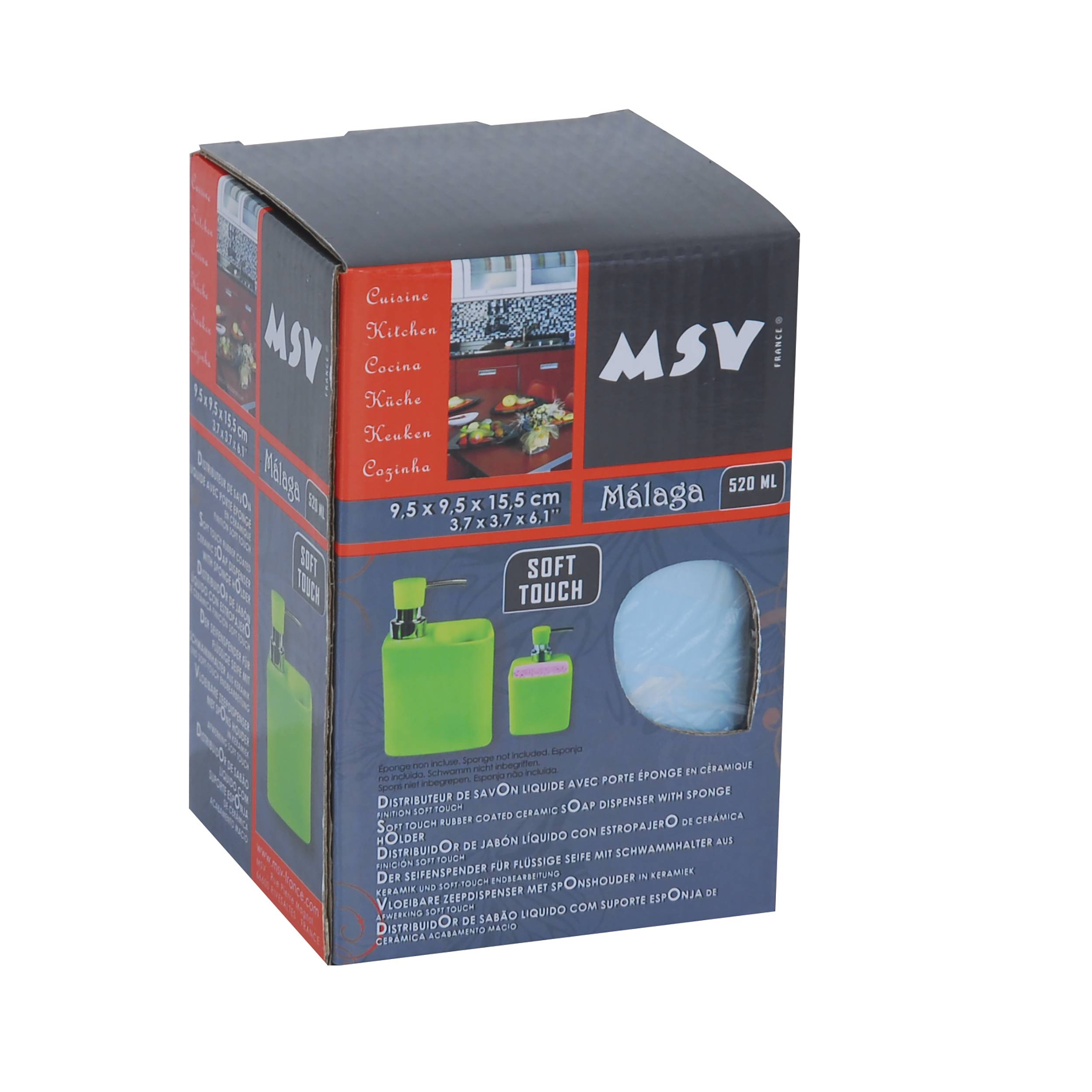MSV Málaga 520 ml Seifenspender mit weicher Oberfläche, gezeigt in Marine- und Rotverpackung mit Produktbildern und Abmessungen.
