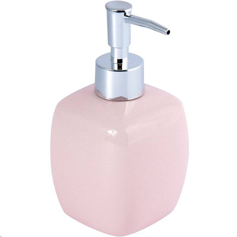 Rosa Keramik-Seifenspender mit silberner Pumpe auf weißem Hintergrund.