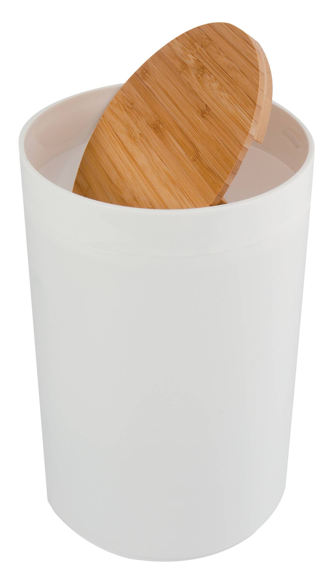 Weißer zylindrischer Behälter mit einem Holzdeckel oder einer Holzschaufel, isoliert auf einfachem Hintergrund dargestellt.