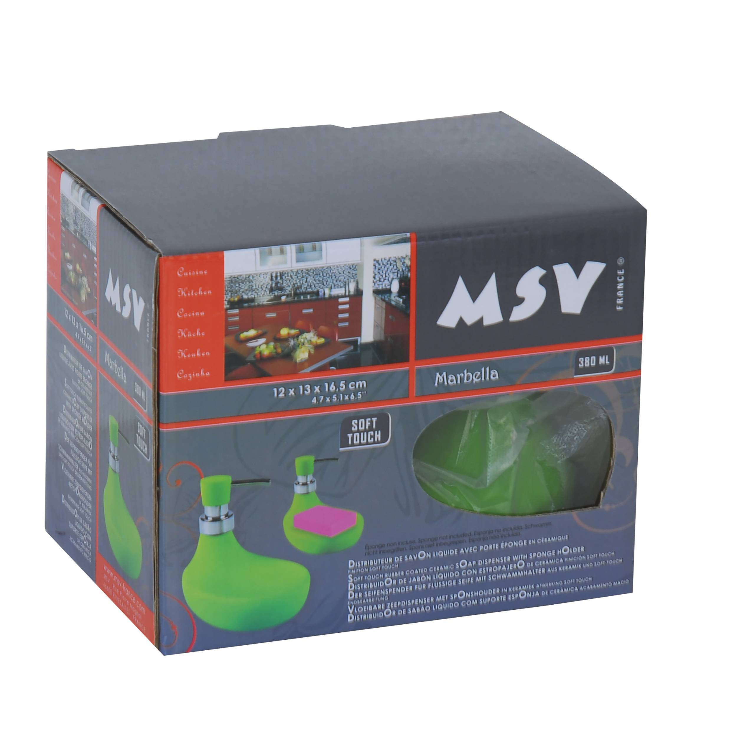Verpackte MSV Marbella Glaswarenset mit grünen Glasprodukten, mit Beschriftung 380 ml und 12 x 13 x 16,5 cm, abgebildet auf der Produktverpackung.