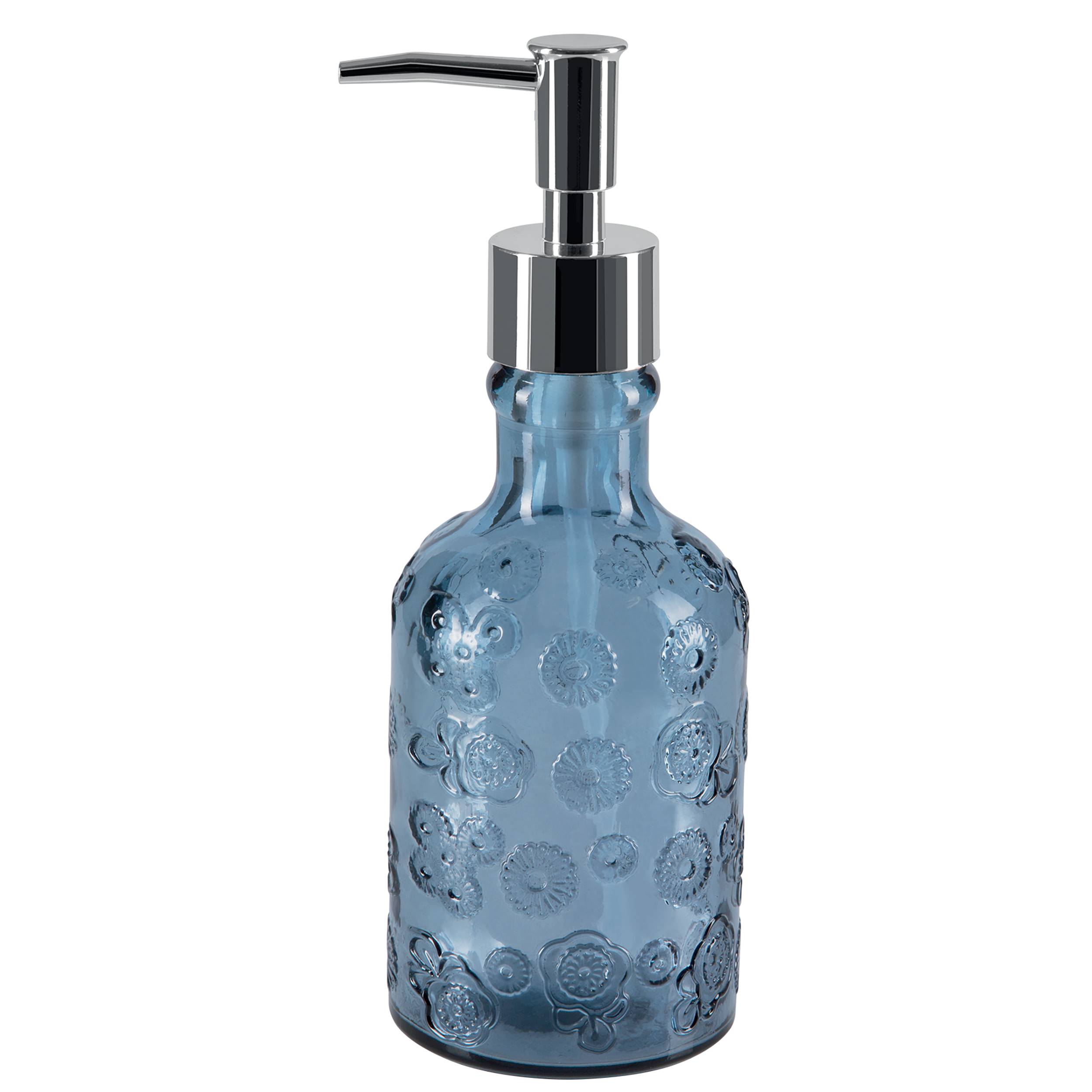 Blaue Glasseifen-Spenderflasche mit silbernem Pumpenkopf, gezeigt auf einfachem Hintergrund.