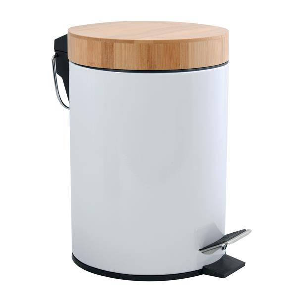 Weißer zylindrischer Mülleimer mit Bambusdeckel und Fußpedal