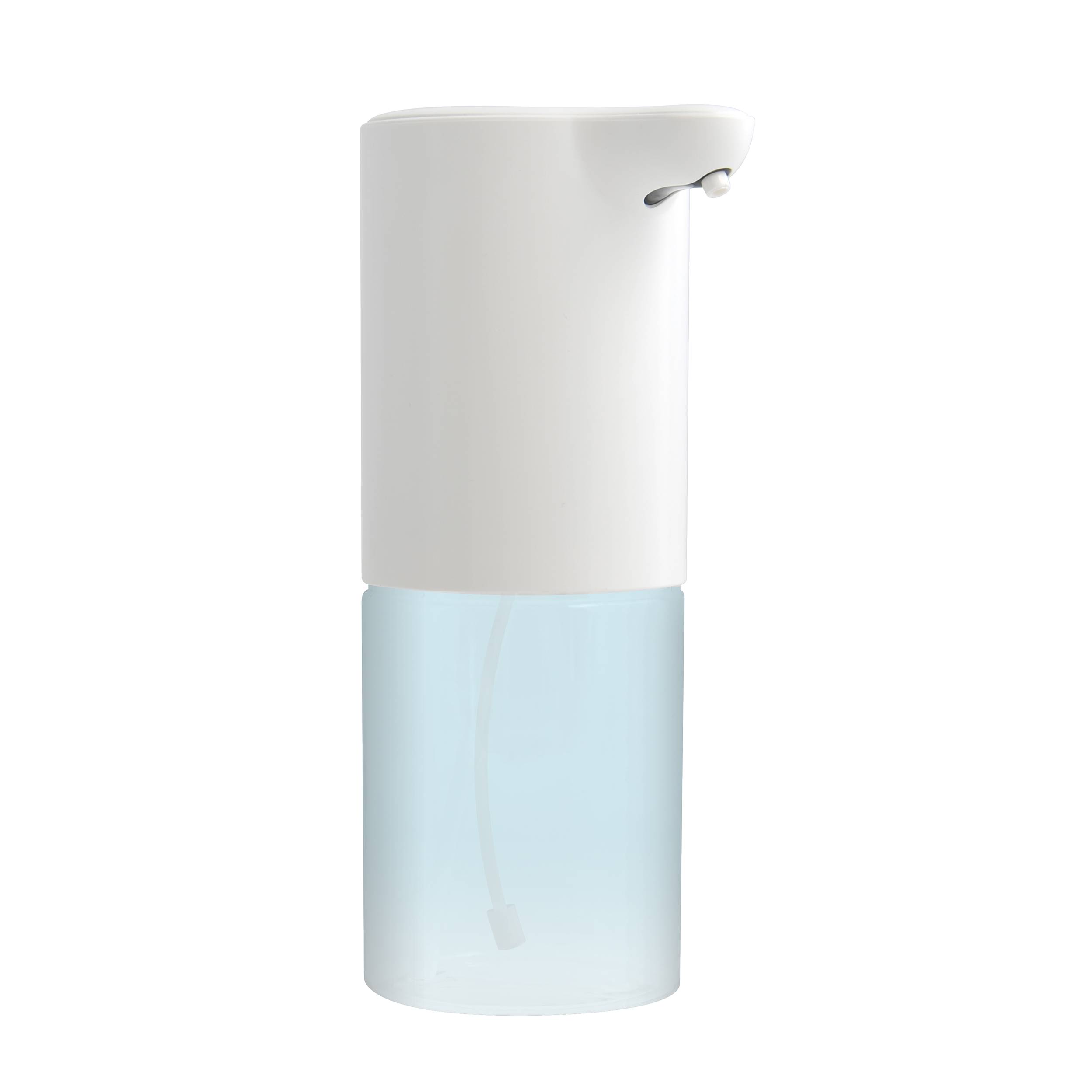 Weiße und durchscheinend blaue zylindrische Sprühflasche mit einer kleinen seitlichen Düse, isoliert auf weißem Hintergrund.