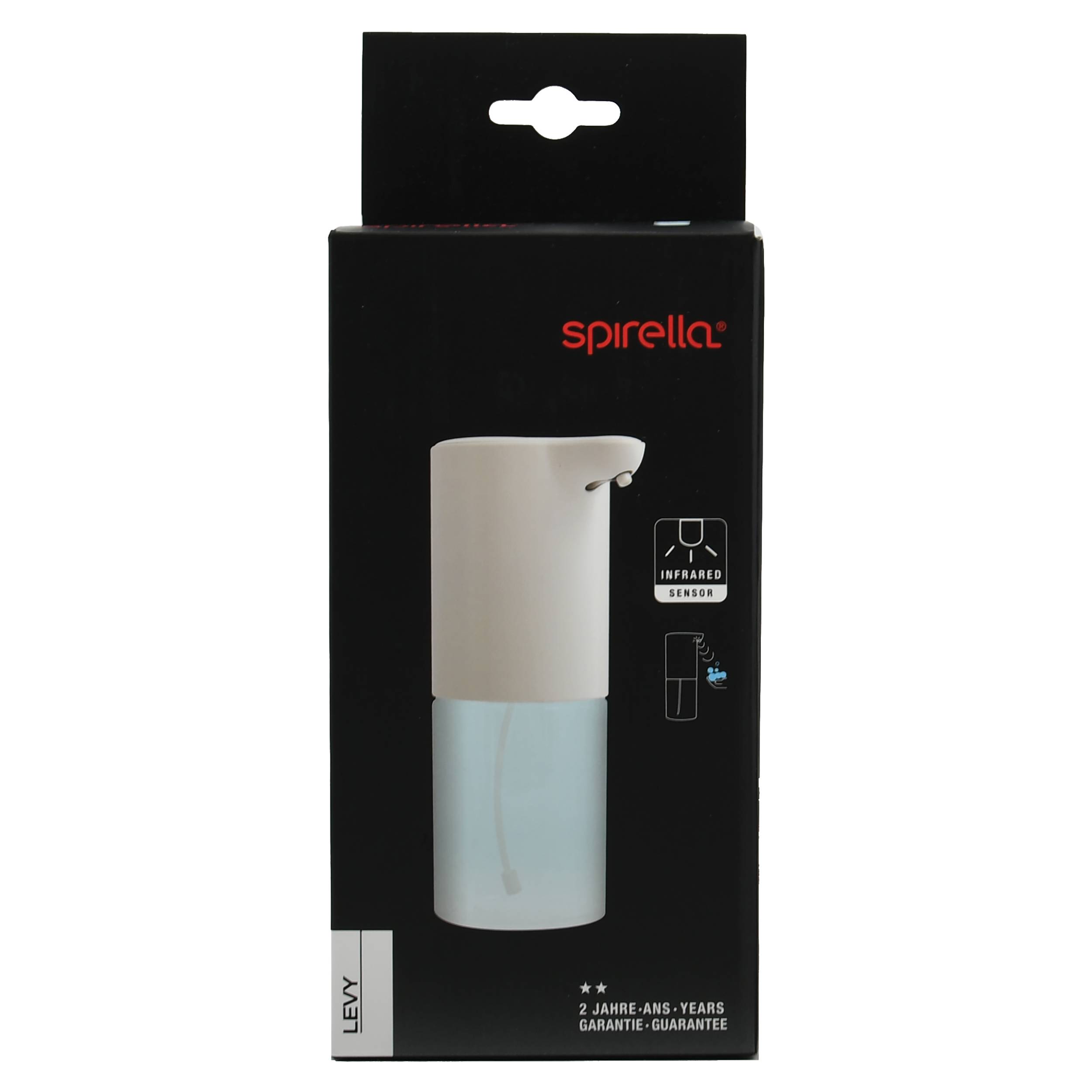 Spirella automatische Seifenspenderdose mit Infrarotsensor, zeigt einen weißen und durchscheinenden Spender auf einer schwarzen Verpackung.
