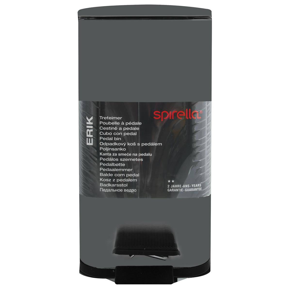 Grauer EKO Pedal-Mülleimer mit schwarzem Fußpedal und Spirella-Produktetikett auf der Vorderseite.