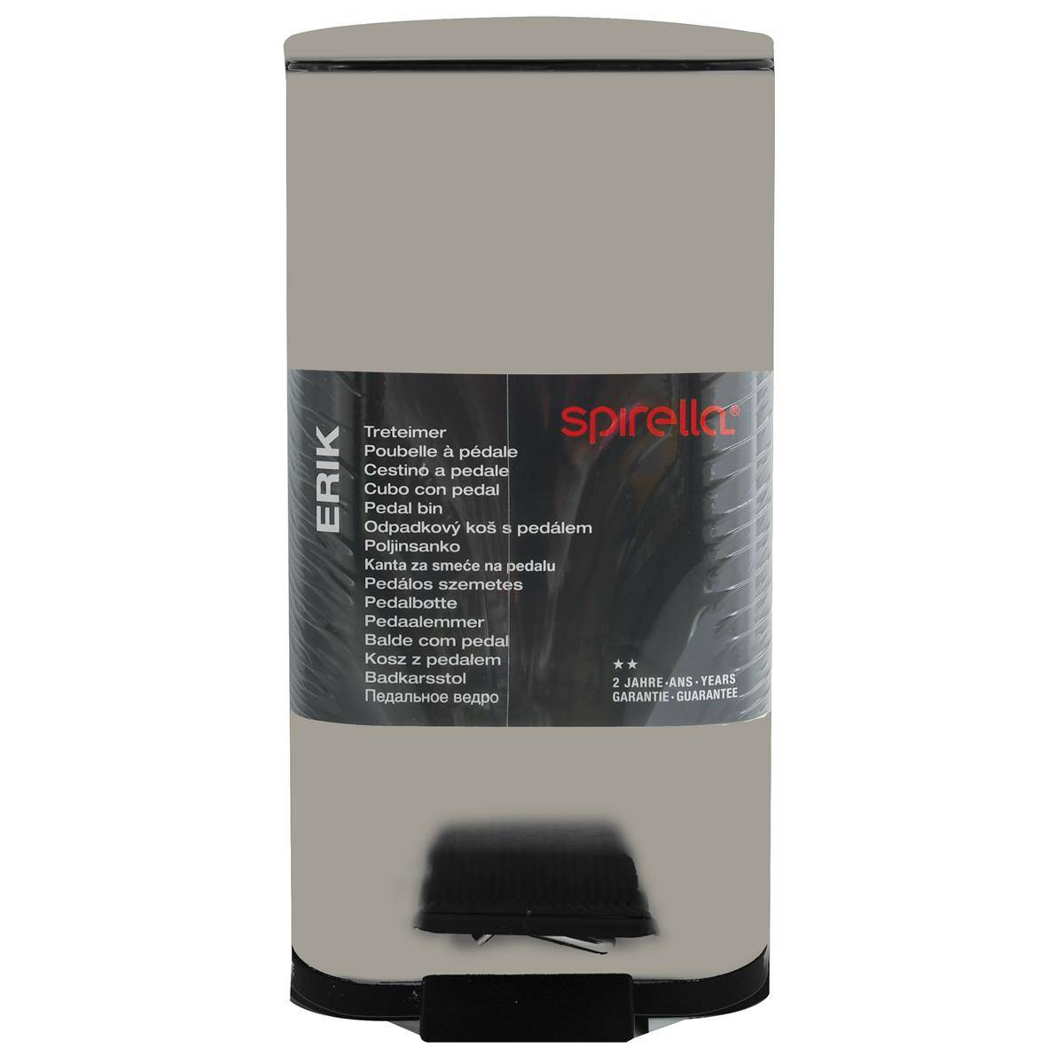 Grauer rechteckiger Pedal-Mülleimer mit schwarzem Fußpedal und "Spirella""-Etikett auf der Vorderseite.
