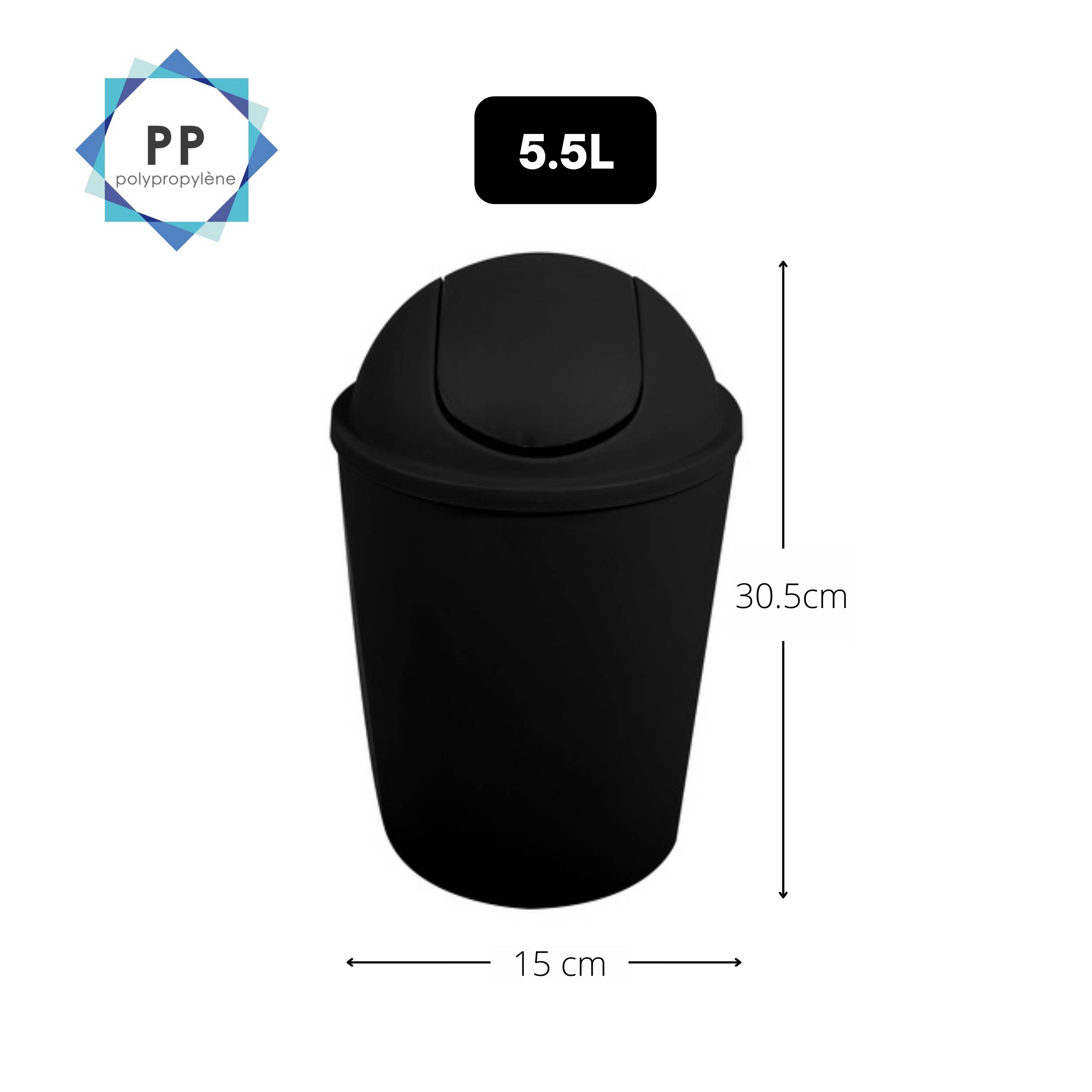 Schwarzer 5,5L Polypropylen-Mülleimer mit Schwingdeckel, gezeigt mit Abmessungen von 30,5 cm Höhe und 15 cm Breite.