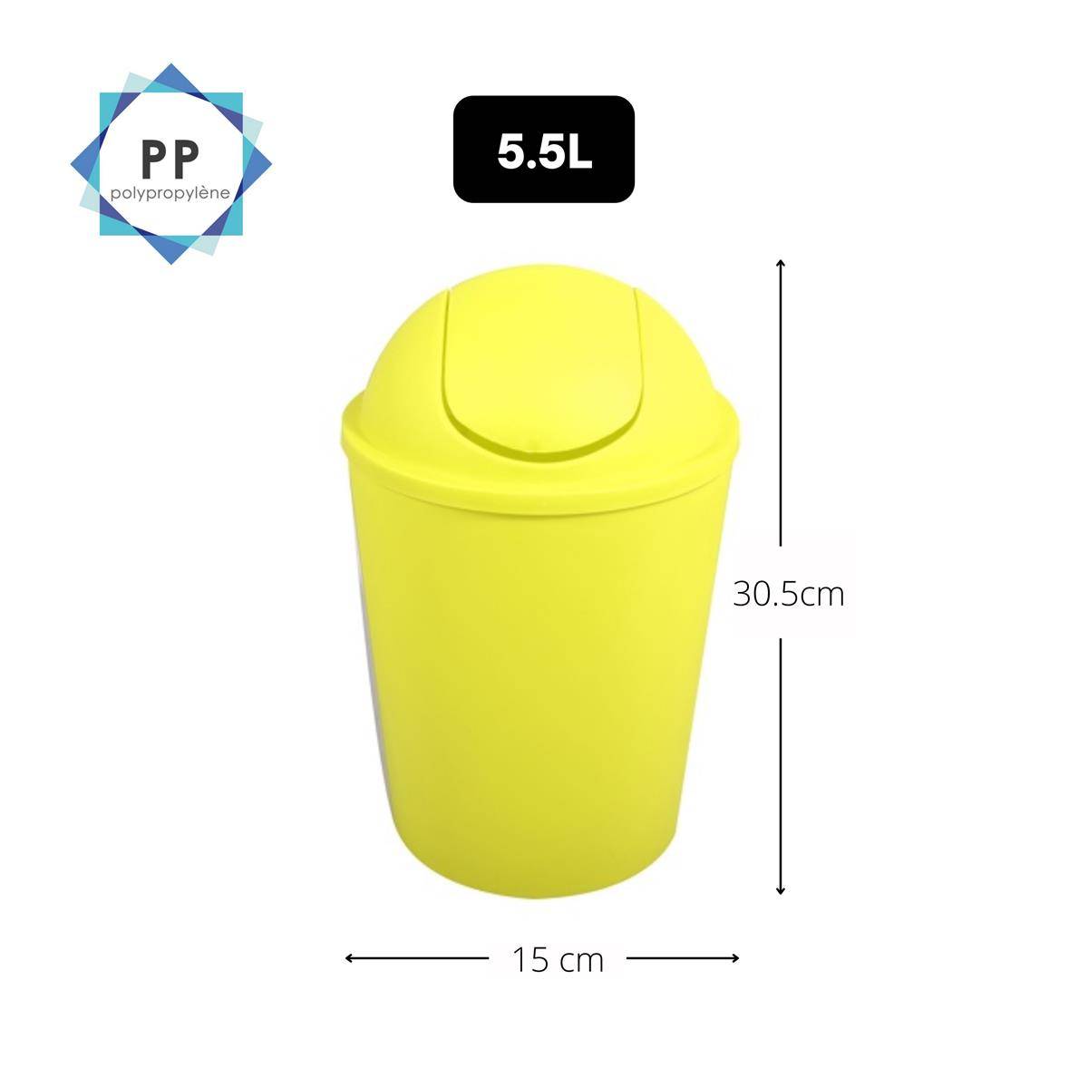 Gelber 5,5 L Polypropylen-Mülleimer mit Deckel, dargestellt mit den Abmessungen 30,5 cm hoch und 15 cm breit.