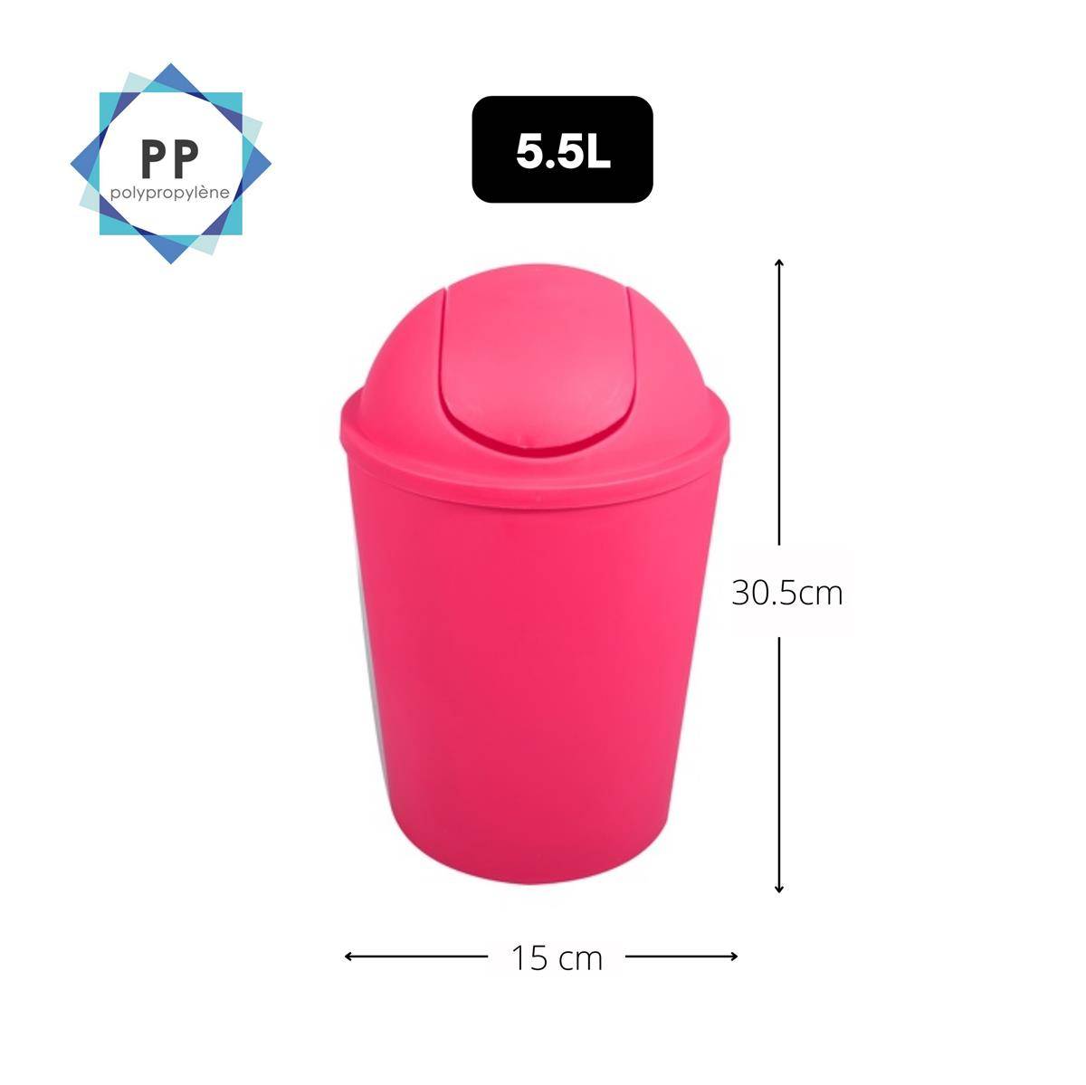Rosa 5,5L Mülleimer aus Polypropylen mit Deckel; die gezeigten Abmessungen betragen 30,5 cm Höhe und 15 cm Breite.