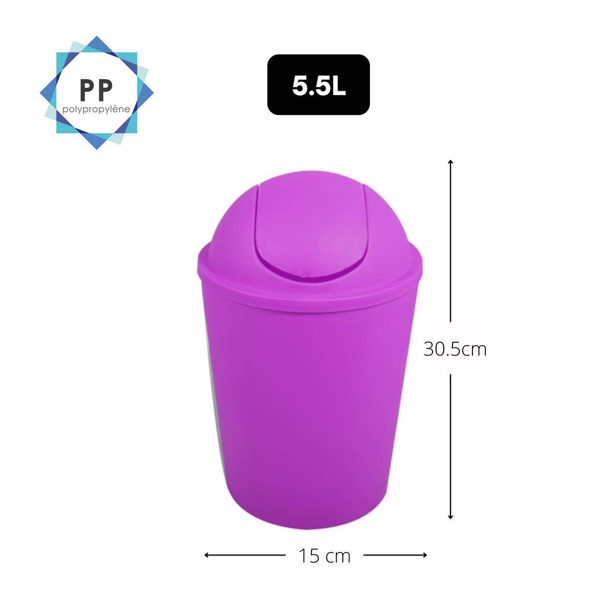 Violetter 5,5L PP-Mülleimer mit Schwingdeckel, gezeigt mit den Abmessungen 30,5 cm hoch und 15 cm breit.