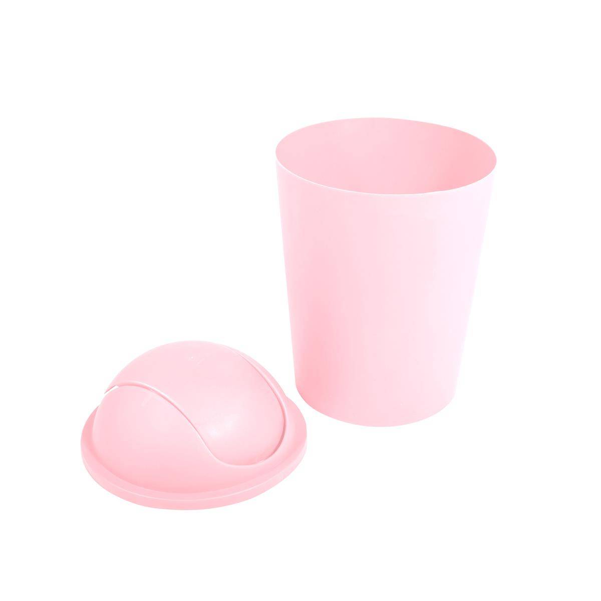 Rosa Kunststoff-Mülleimer und passender Deckel mit Kuppelform auf weißem Hintergrund.