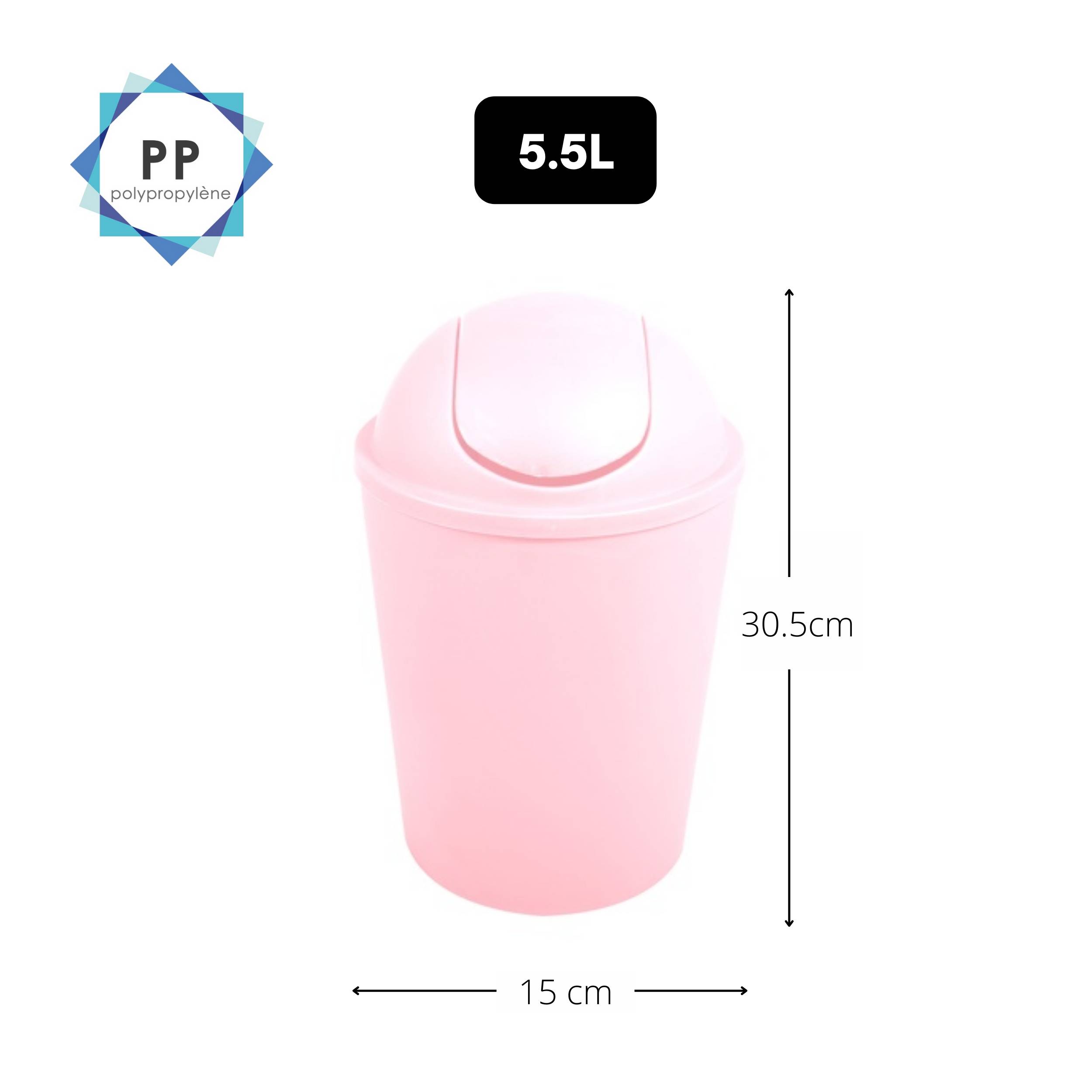Rosa Polypropylene-Mülleimer mit Schwingdeckel, 5,5 L Fassungsvermögen, 30,5 cm hoch und 15 cm breit.