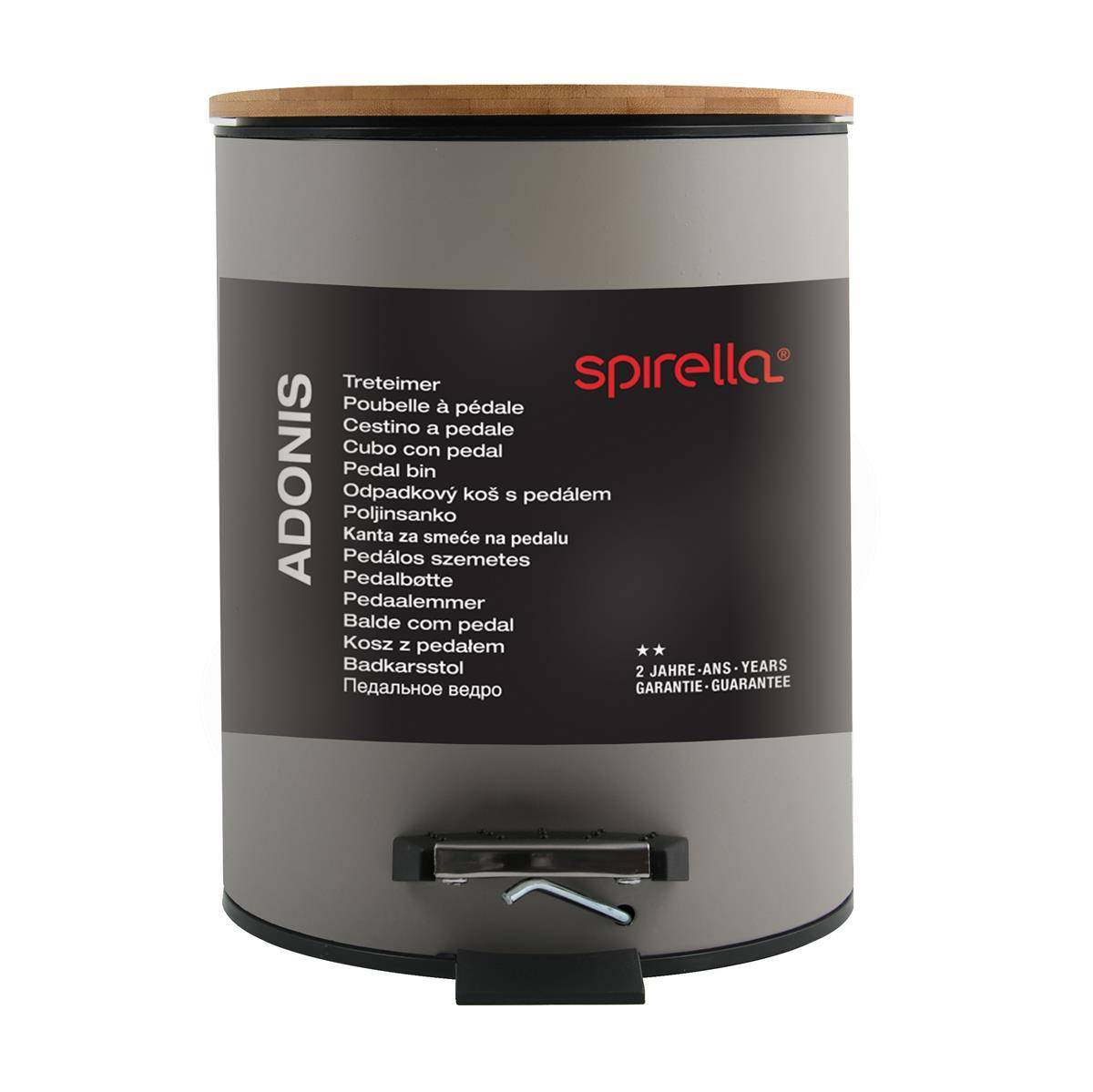 Grauer Spirella Adonis Trittmülleimer mit Holzoptik-Deckel und schwarzem Fußpedal auf weißem Hintergrund.