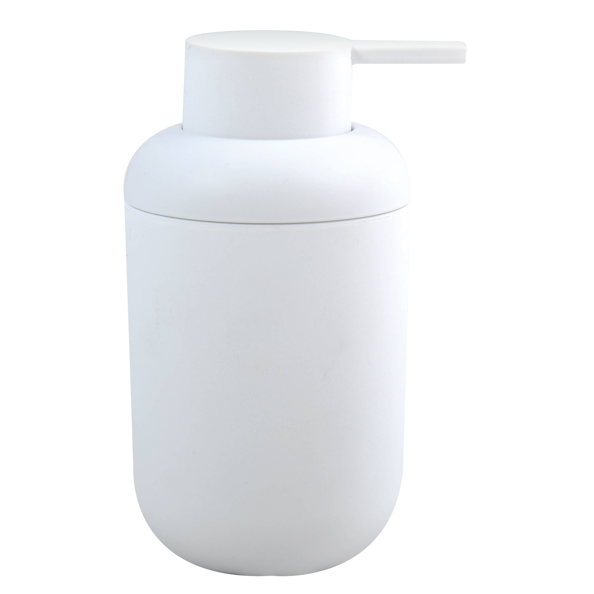 Weiße Kunststoff-Seife oder Lotion-Spenderflasche mit Pumpenaufsatz auf einfachem Hintergrund.