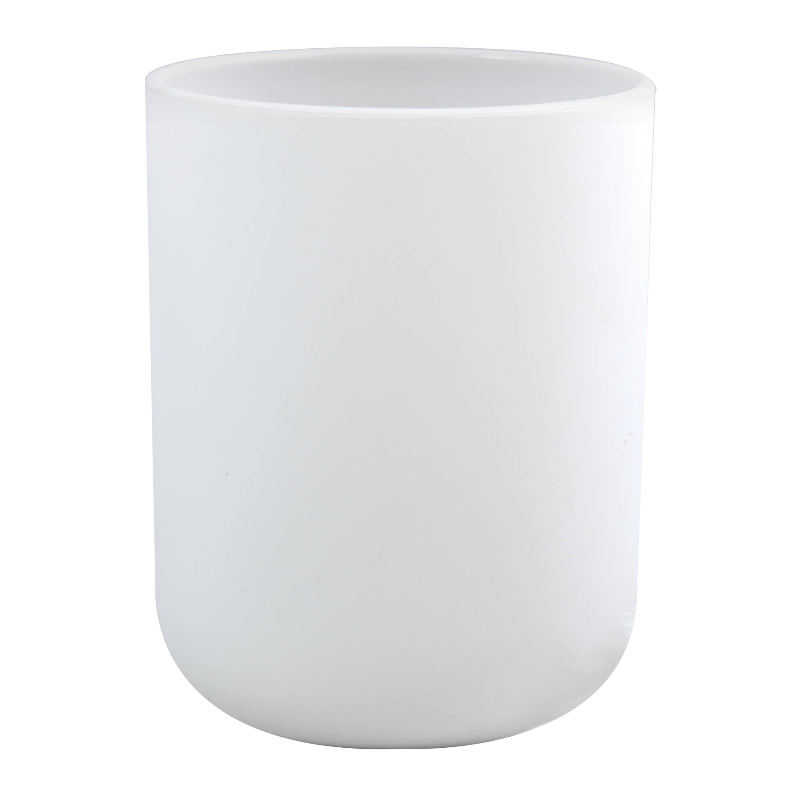 Einfacher weißer Glasbecher mit mattiertem Finish und abgerundeter Basis, gezeigt auf weißem Hintergrund.
