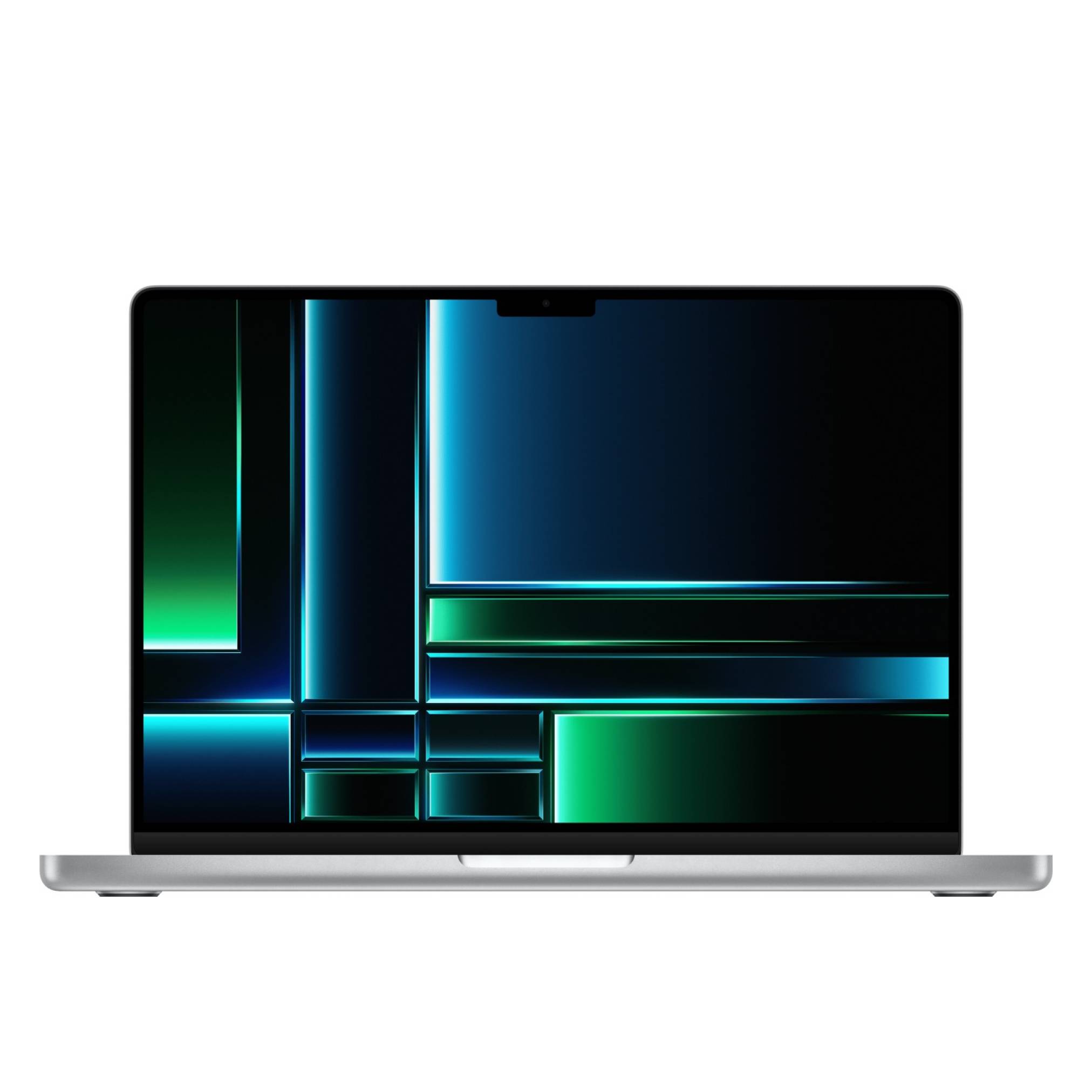 Silberner Laptop mit schwarzem Bildschirm, auf dem abstrakte blaue und grüne geometrische Lichtbalken auf weißem Hintergrund angezeigt werden.