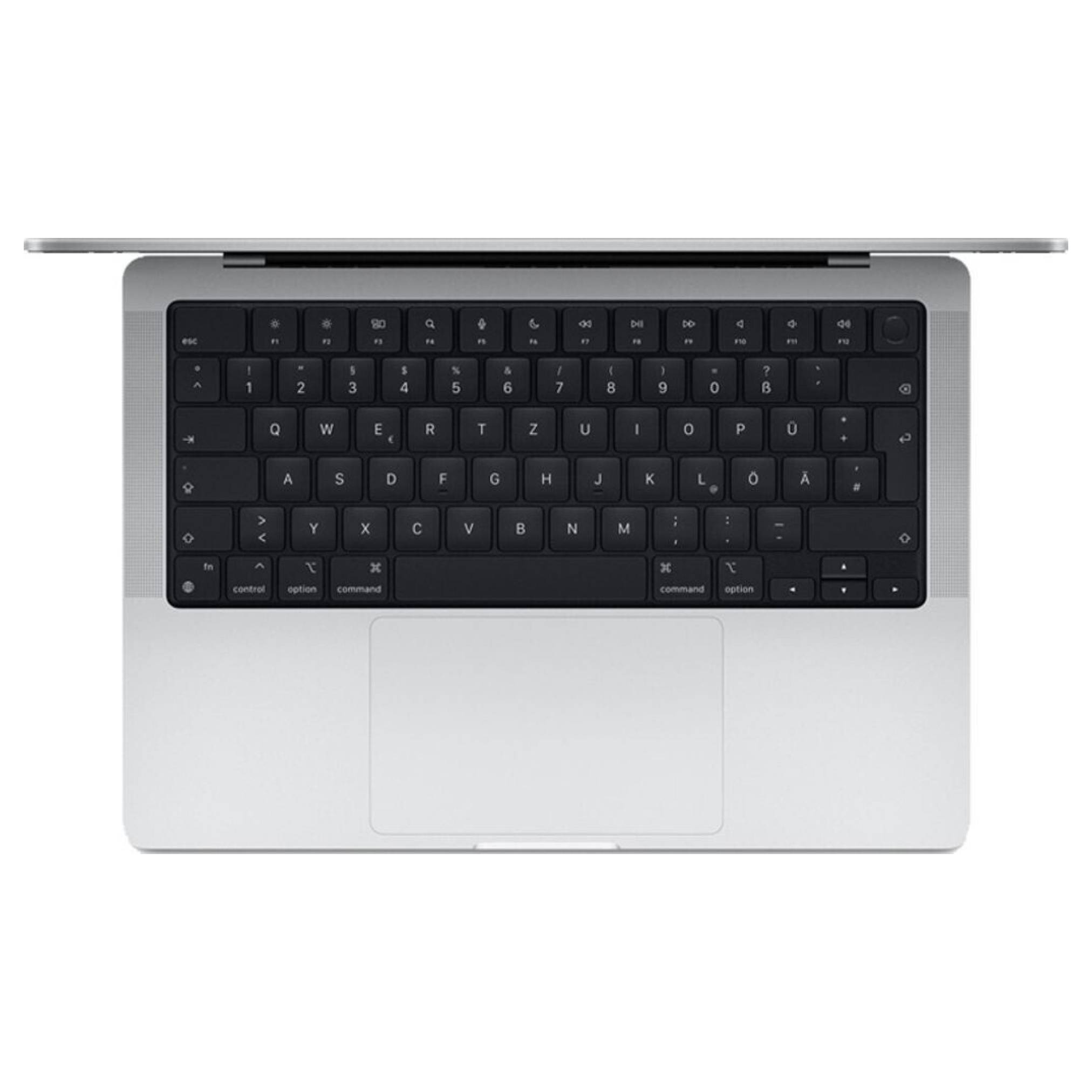 Draufsicht auf einen silbernen Laptop mit schwarzer Tastatur und großem zentriertem Trackpad, geschlossen oder fast geschlossen auf weißem Hintergrund dargestellt.
