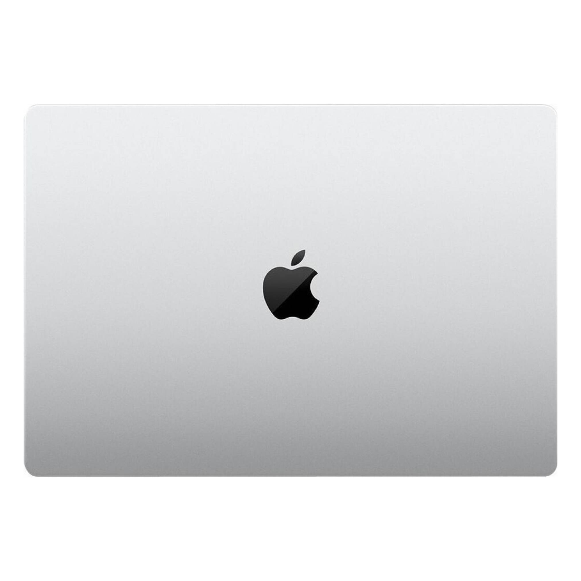 Silbernes Apple-Laptop geschlossen, Draufsicht mit zentriertem schwarzem Apple-Logo.
