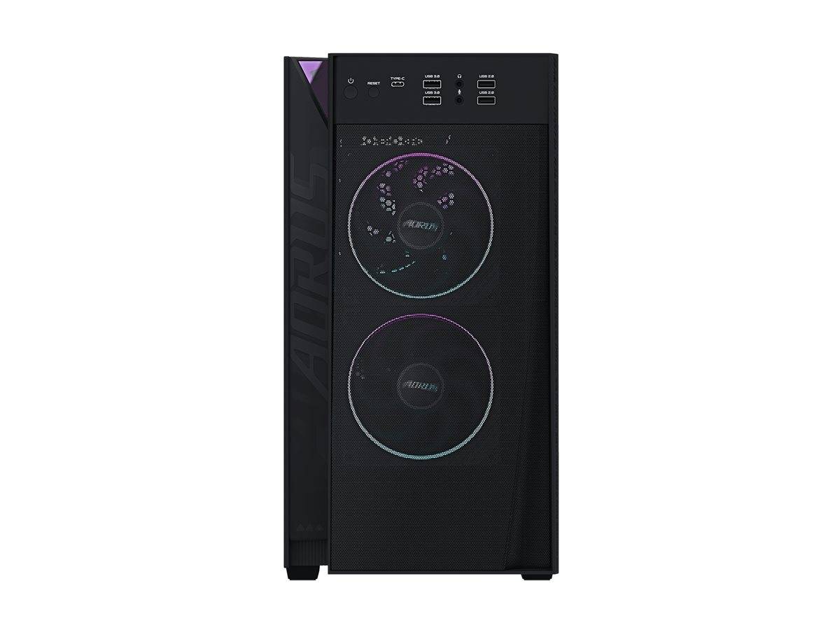 Schwarzes Computer-Gehäuse mit zwei RGB-beleuchteten Frontlüftern und I/O-Anschlüssen oben.