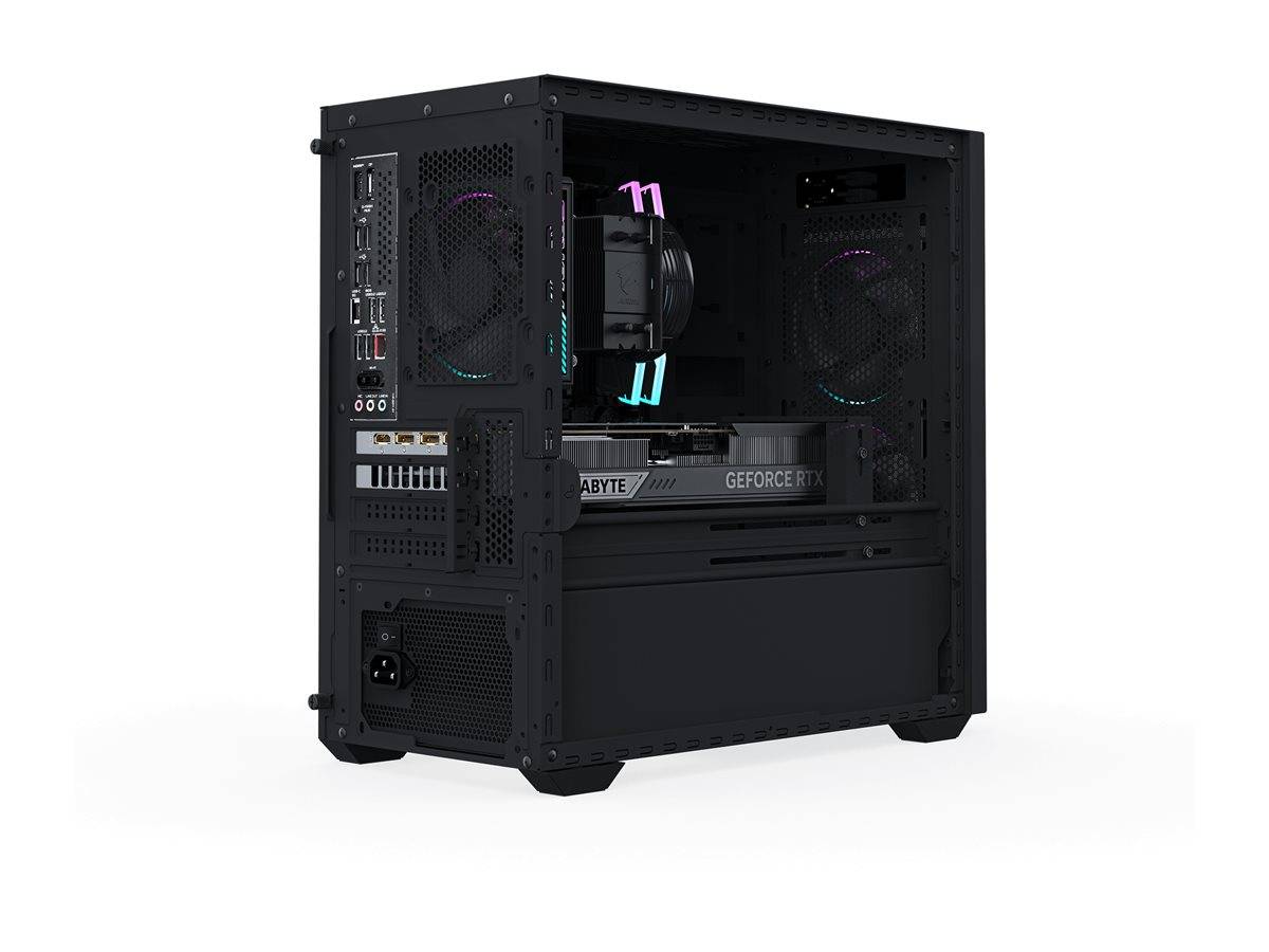 Schwarzes Gaming-PC-Gehäuse mit transparentem Seitenpanel, RGB-beleuchteter CPU-Kühler und sichtbarer installierter Grafikkarte im Inneren.