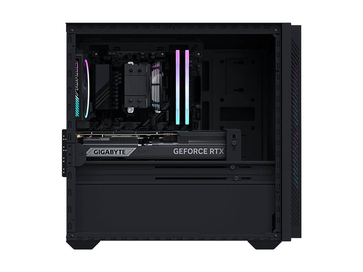 Offenes Desktop-PC-Gehäuse mit internen Komponenten, darunter eine Gigabyte GeForce RTX-Grafikkarte, Motherboard, RGB-RAM und CPU-Kühler.