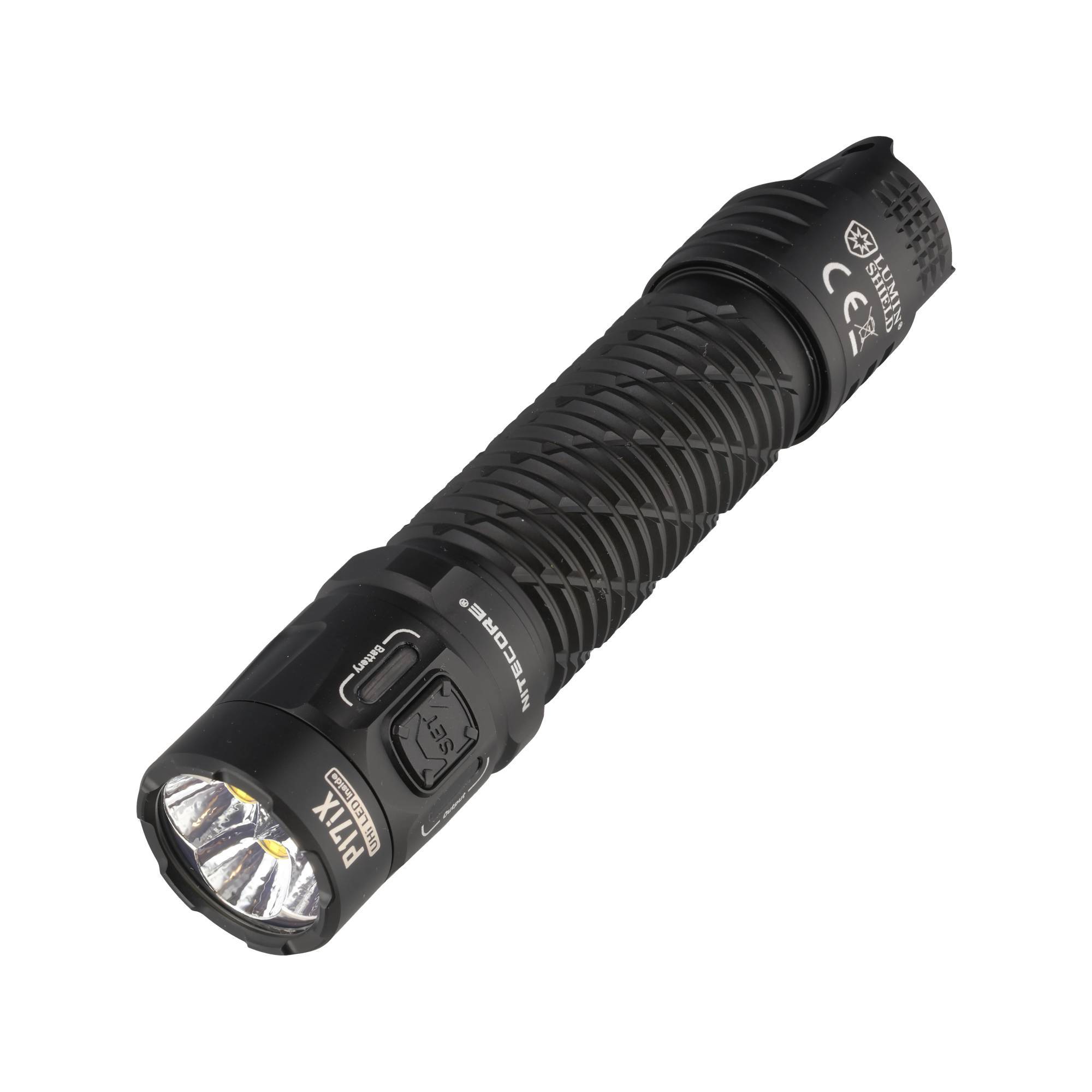 Schwarze tragbare Taschenlampe mit strukturiertem Griff und mehreren LEDs, auf weißem Hintergrund dargestellt.