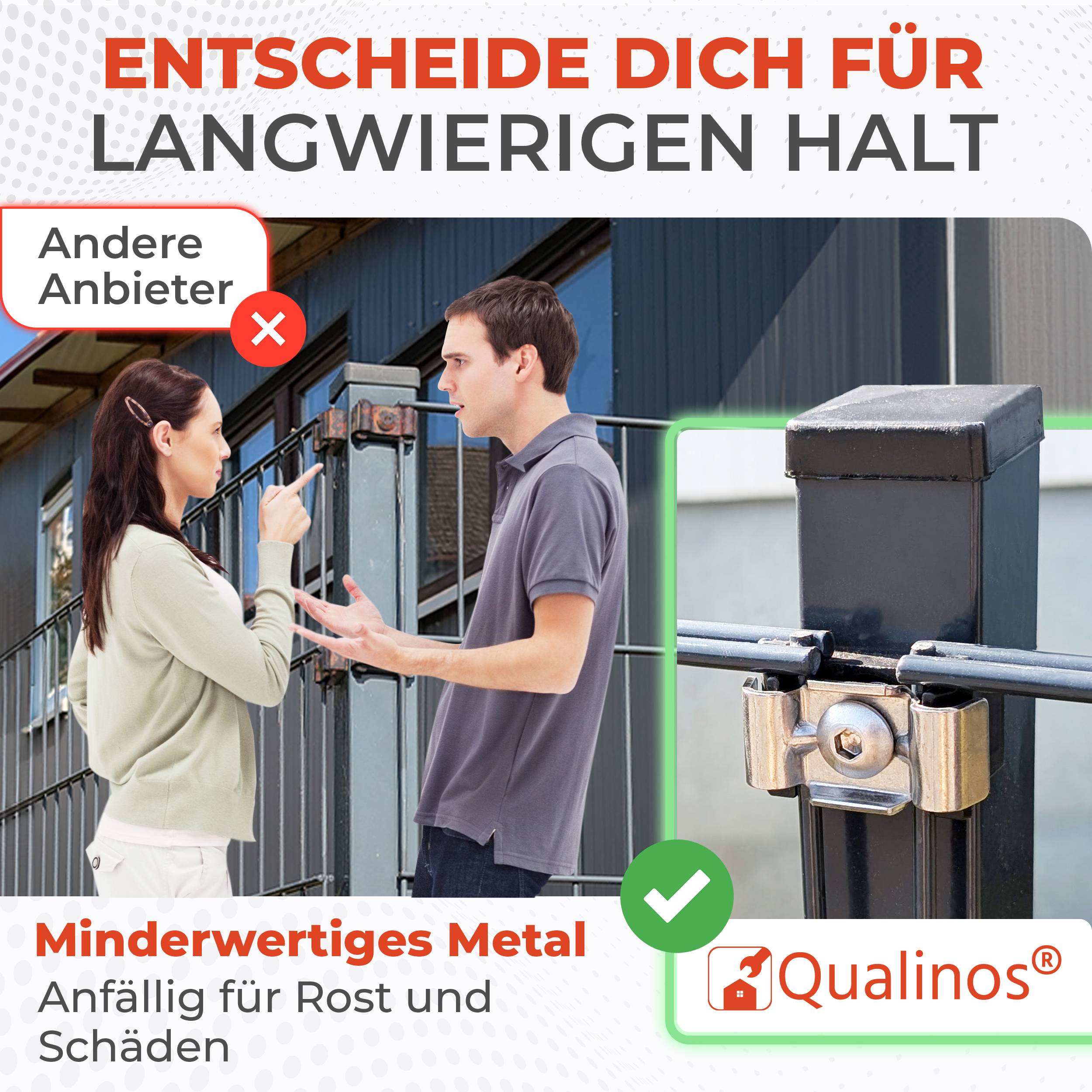 Werbeanzeige zum Vergleich von minderwertigem Metall und langlebigem Metall: Ein unglückliches Paar zeigt auf einen rostigen Torpfosten mit der Aufschrift 