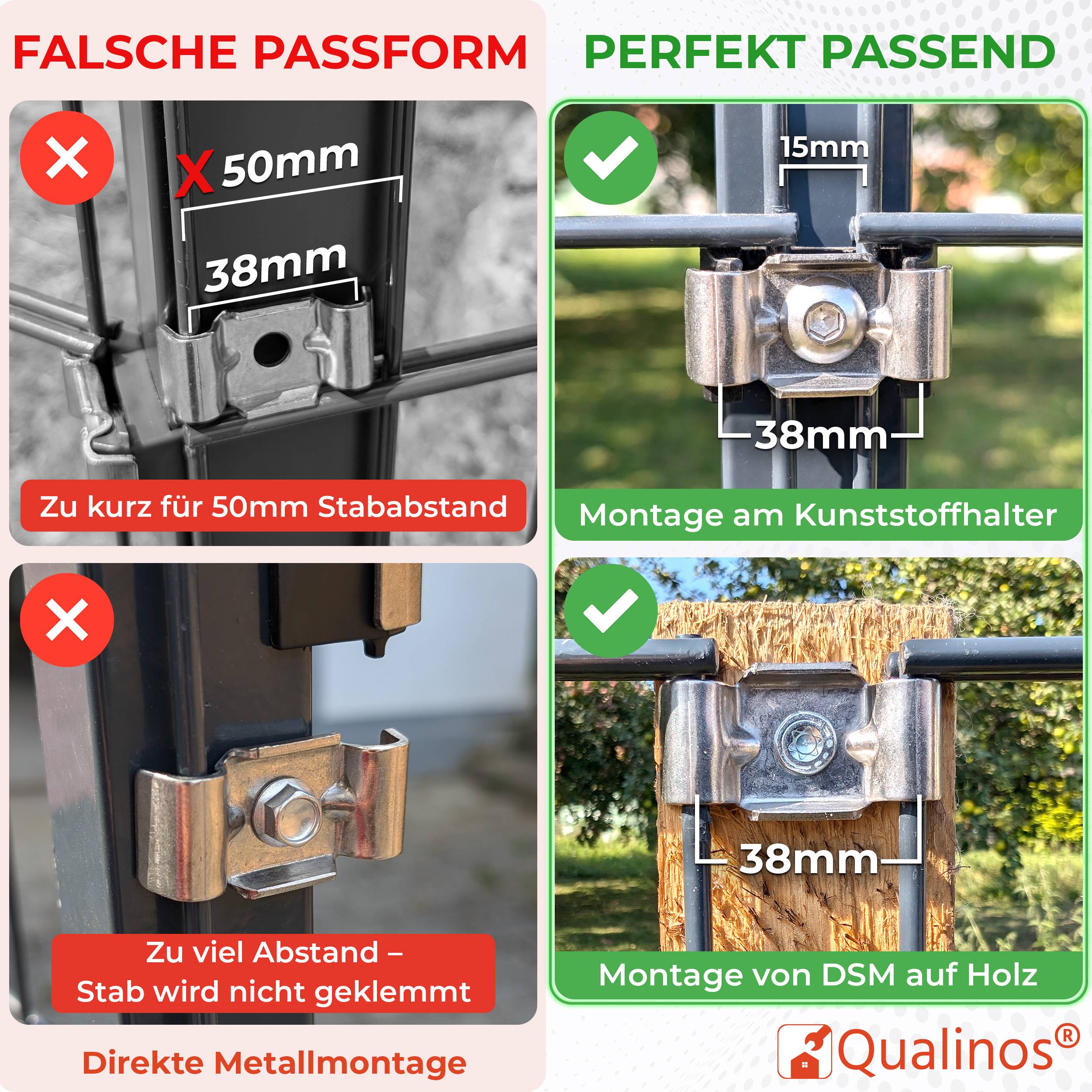 Vergleichsgrafik zeigt fehlerhafte und korrekte Metallklemmeninstallation: 50mm ist zu kurz und zu großer Spalt verhindert das Klemmen; richtige Passung ist 38mm für Kunststoffhalter und Holzmontage.