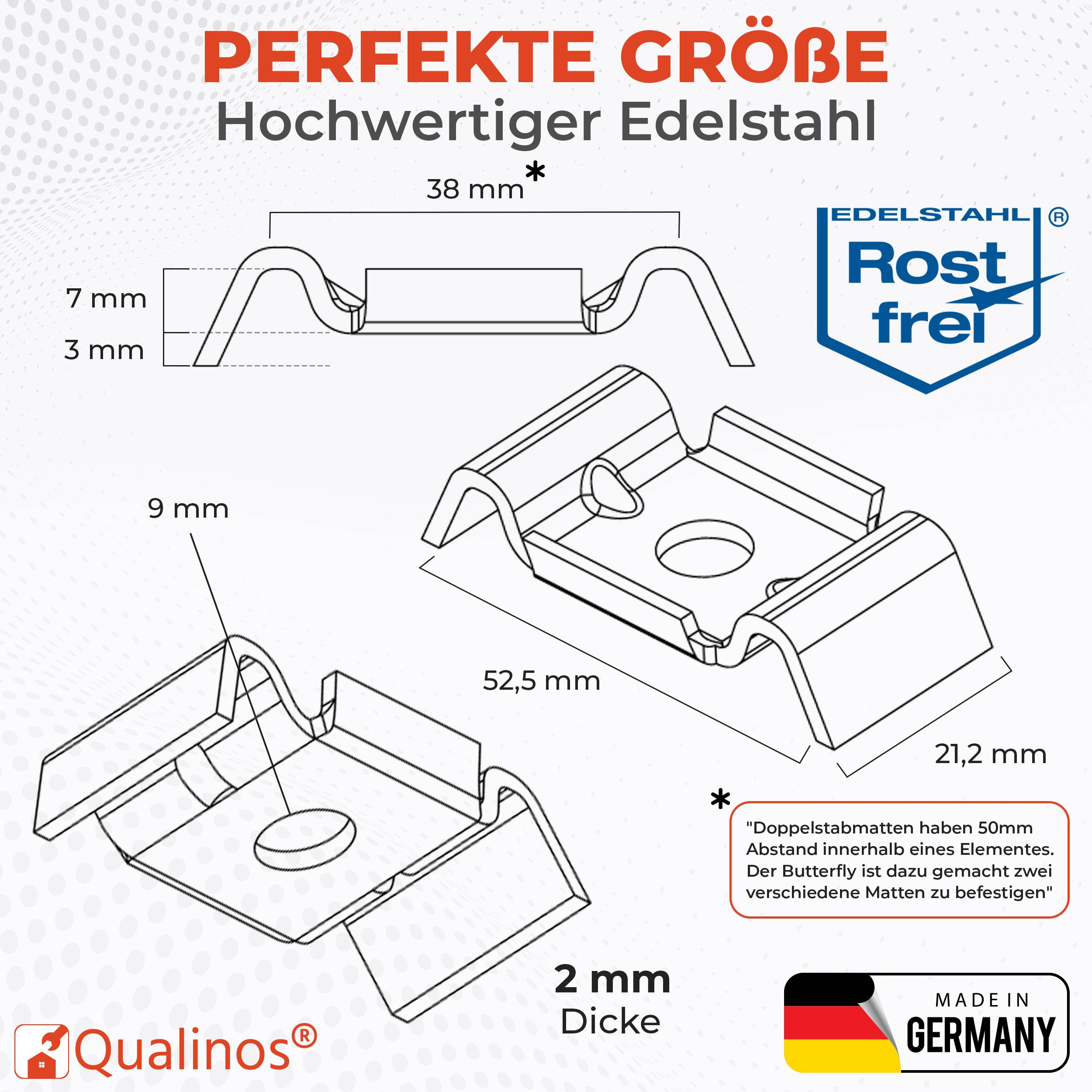 Deutsches Produktdiagramm einer Edelstahl-Schmetterlingsklemme mit Abmessungen wie 38 mm Breite, 52,5 mm Länge, 21,2 mm Tiefe, 2 mm Dicke und 