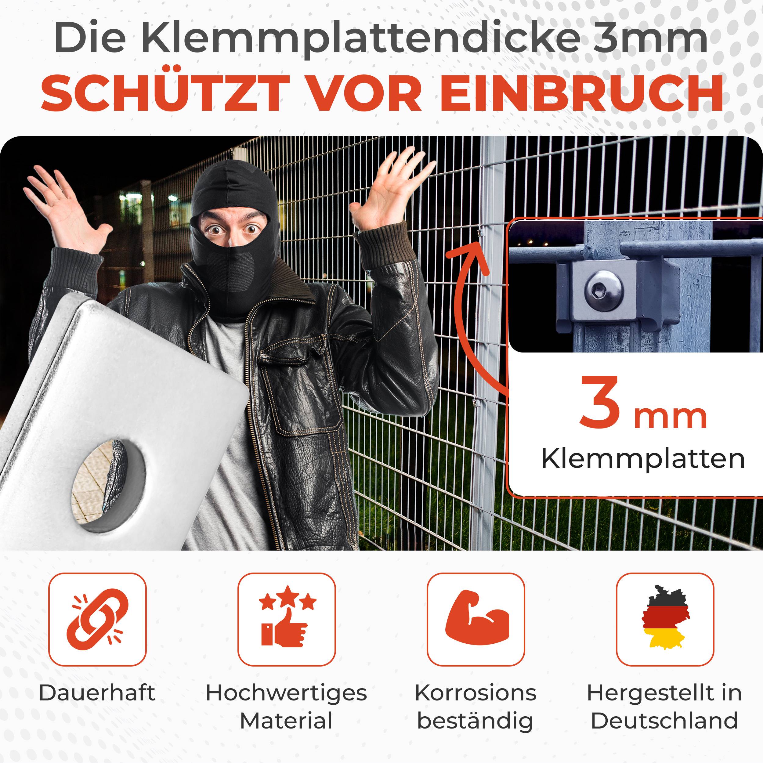 Werbebild eines maskierten Einbrechers neben einem Zaun, das eine 3-mm-Klemmplatte und den Text „Die Klemmplattendicke 3mm schützt vor Einbruch
