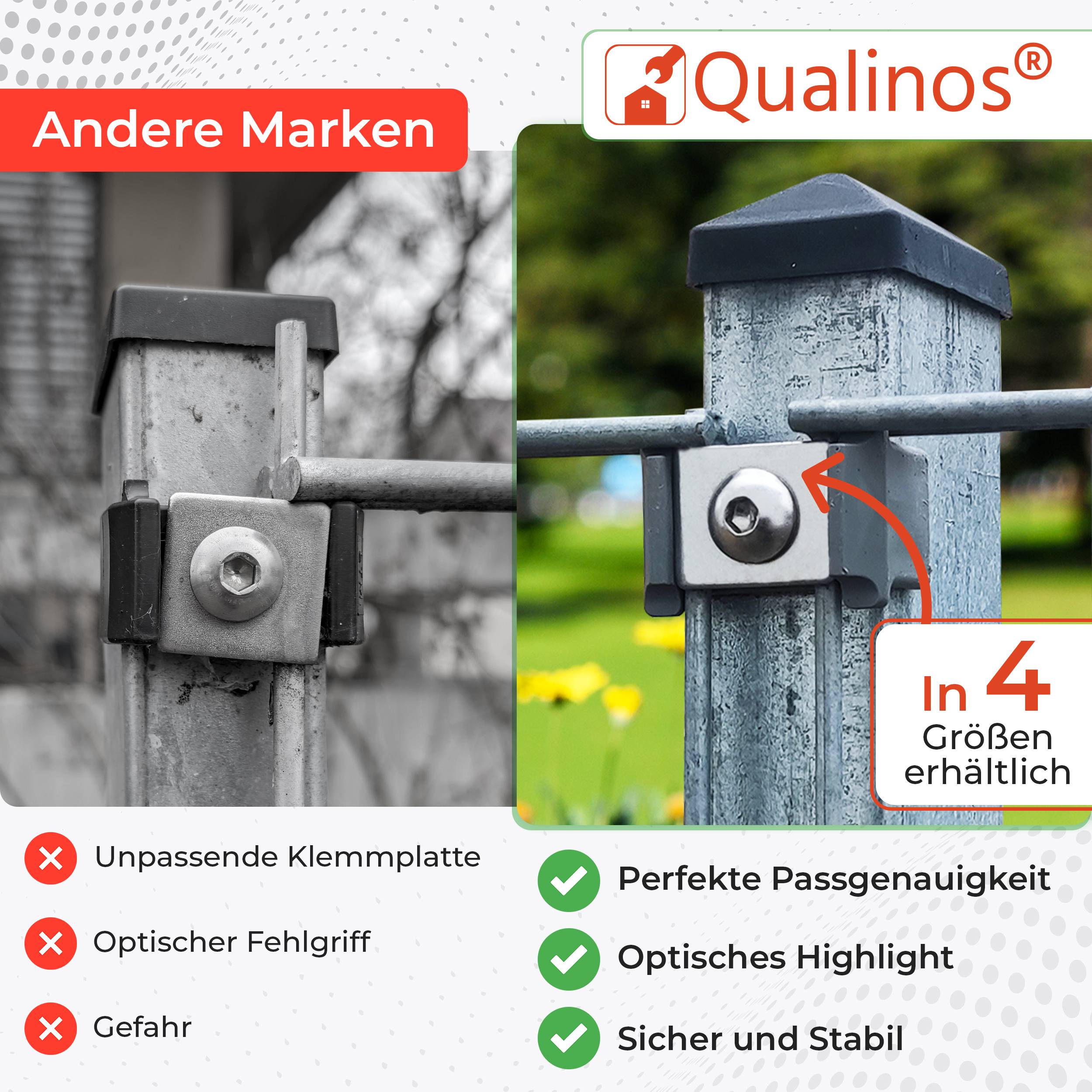 Vergleich von Zaunpfosten-Klemmbeschlägen: links „Andere Marken
