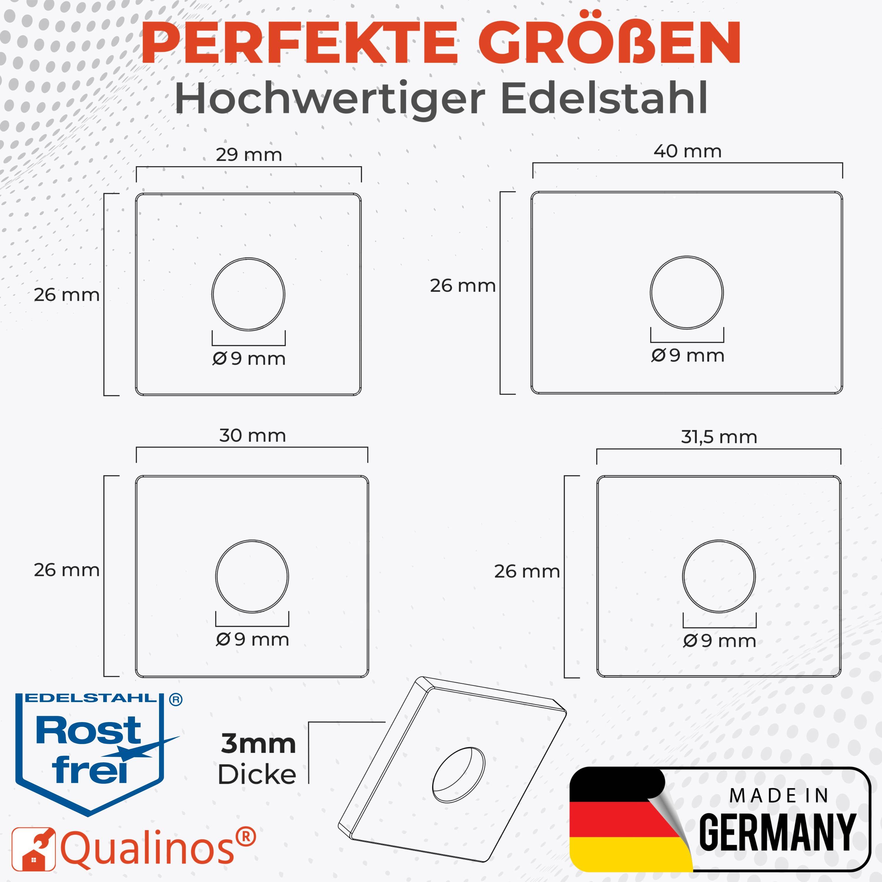 Edelstahlunterlegscheiben/-platten in vier Größen, alle 26 mm hoch mit 9 mm Löchern; Breiten 29, 30, 31,5 und 40 mm, 3 mm dick, hergestellt in Deutschland, rostfreier Edelstahl.