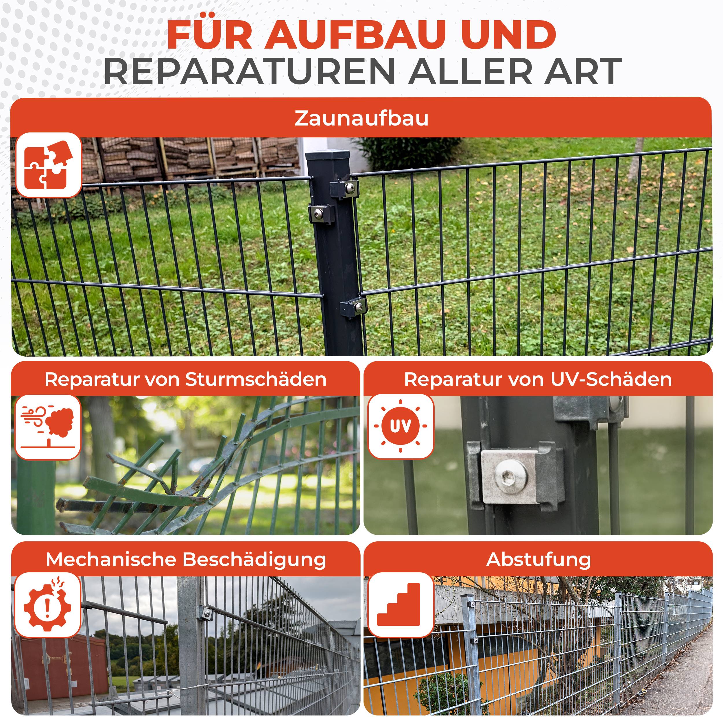 Werbegrafik für Zaundienstleistungen auf Deutsch: „Für alle Bauarbeiten und Reparaturen jeglicher Art,