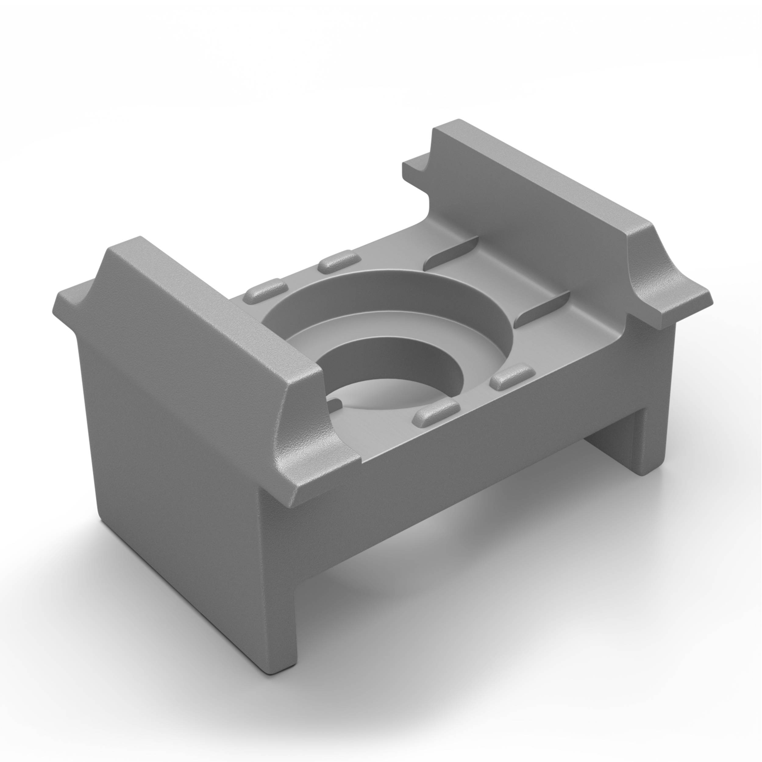 Grau gerenderte 3D-Mechanikhalterung oder Gehäuse mit kreisförmiger vertiefter Öffnung und erhobenen Seitenwänden, isoliert auf weißem Hintergrund dargestellt.