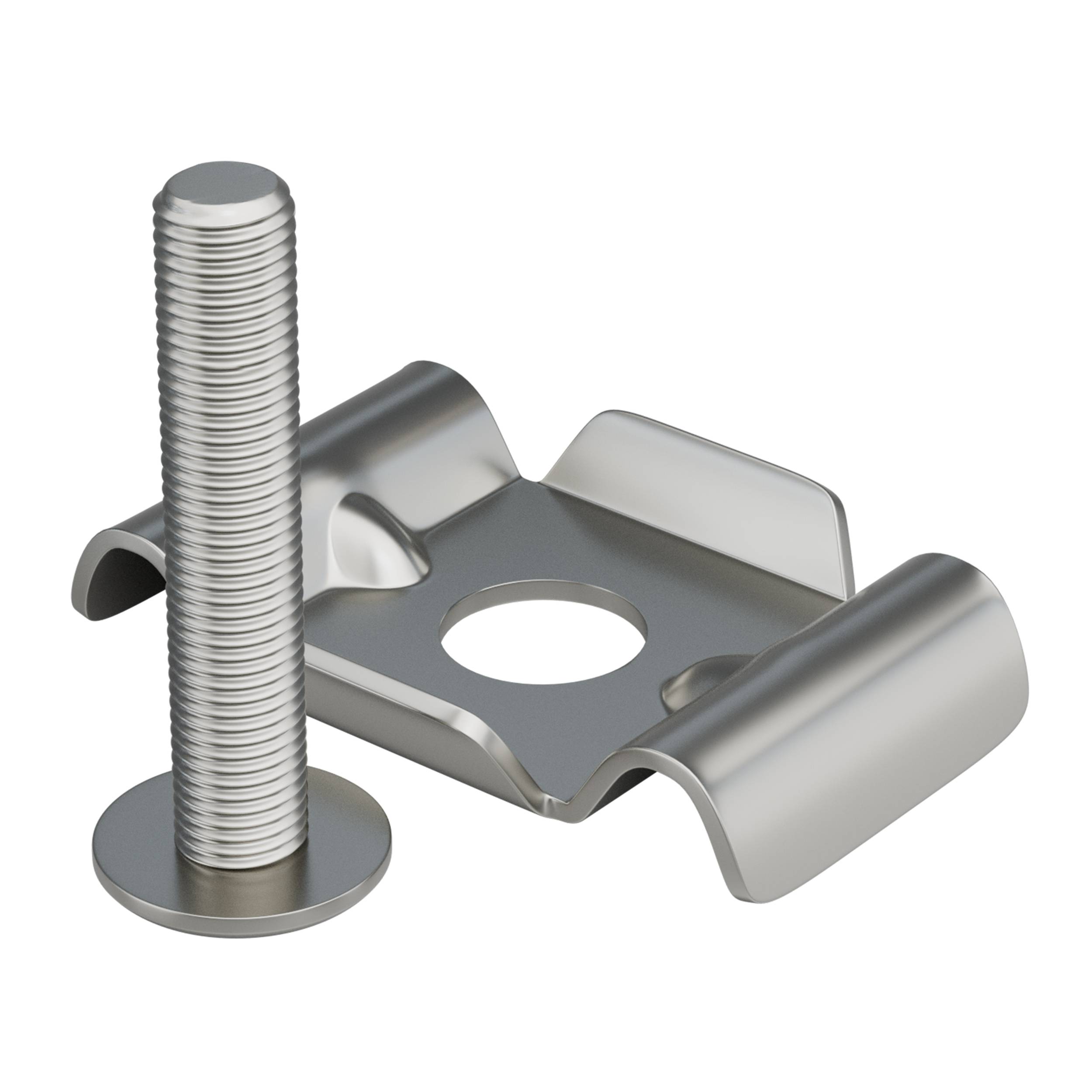 Metallfastener mit bolzen mit gewinde und federklemmbügel, dargestellt auf weißem hintergrund.