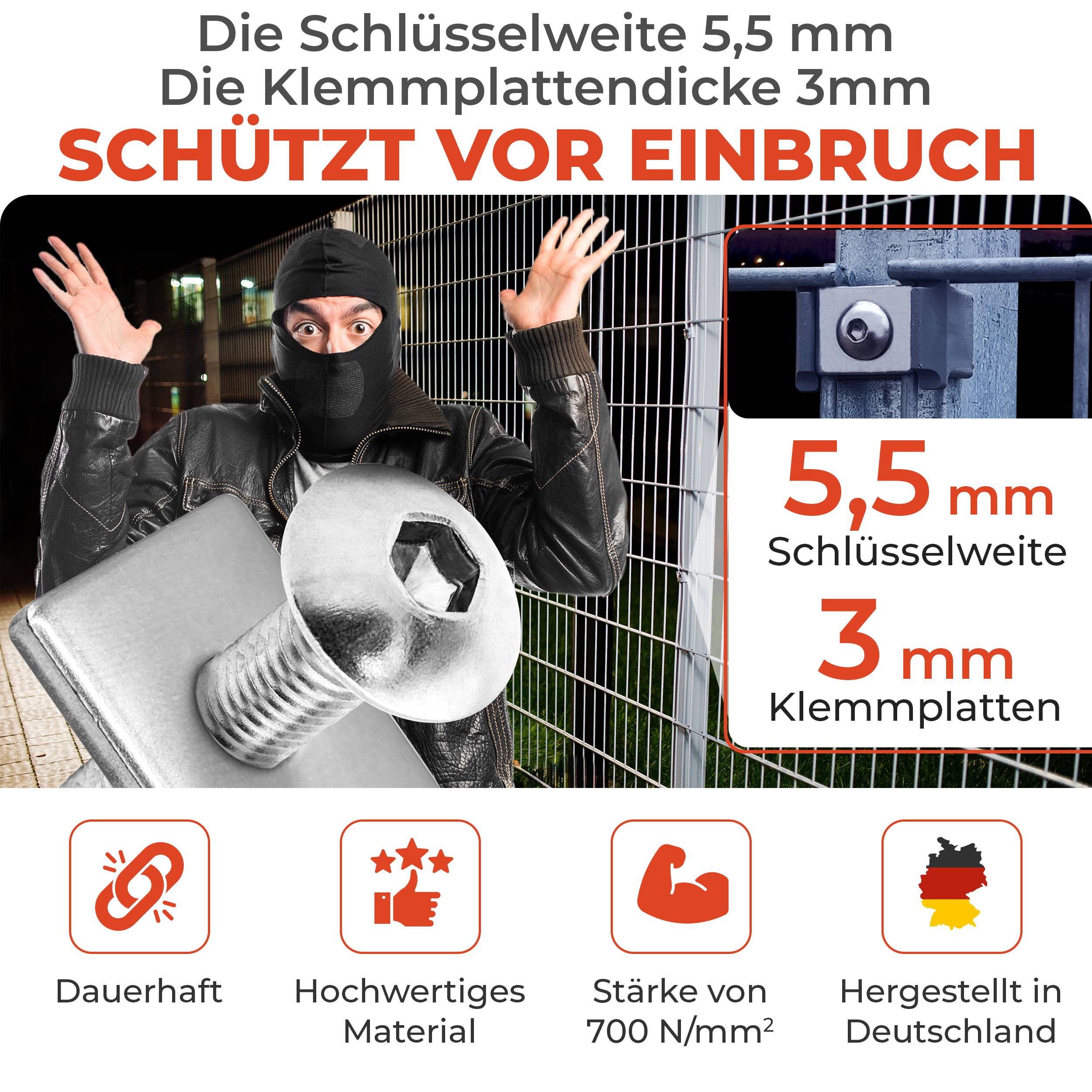 Promotionales Sicherheitsbild zeigt einen maskierten Einbrecher an einem Zaun und eine Nahaufnahme eines Schlosses, mit deutschem Text „Schützt vor Einbruch