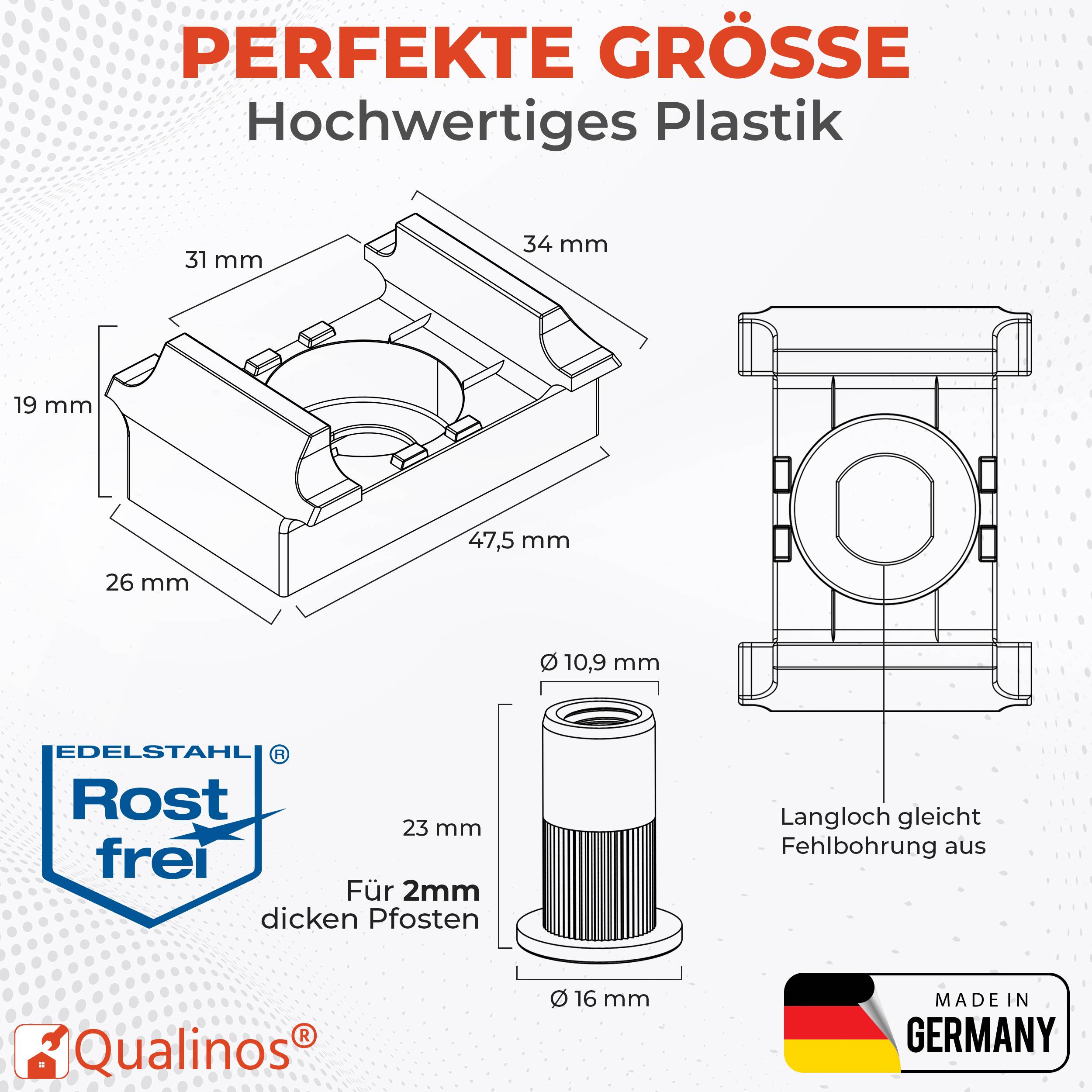 Deutscher Kunststoff-Pfostenbefestiger mit rostfreier Edelstahlqualität; Abmessungen 47,5 x 34 x 26 x 19 mm, passend für 2 mm dicke Pfosten, langes Loch korrigiert fehlgebohrte Löcher.
